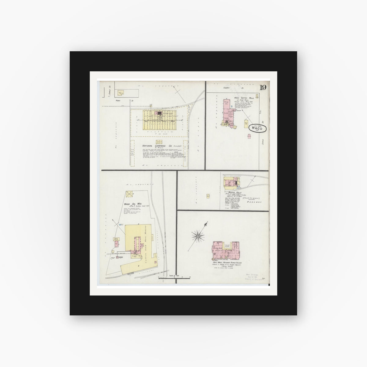 Old map wall art mockup — black gallery frame with white mat — Sanborn Fire Insurance Map from Waco, McLennan County, Texas (1889), Sheet #0019