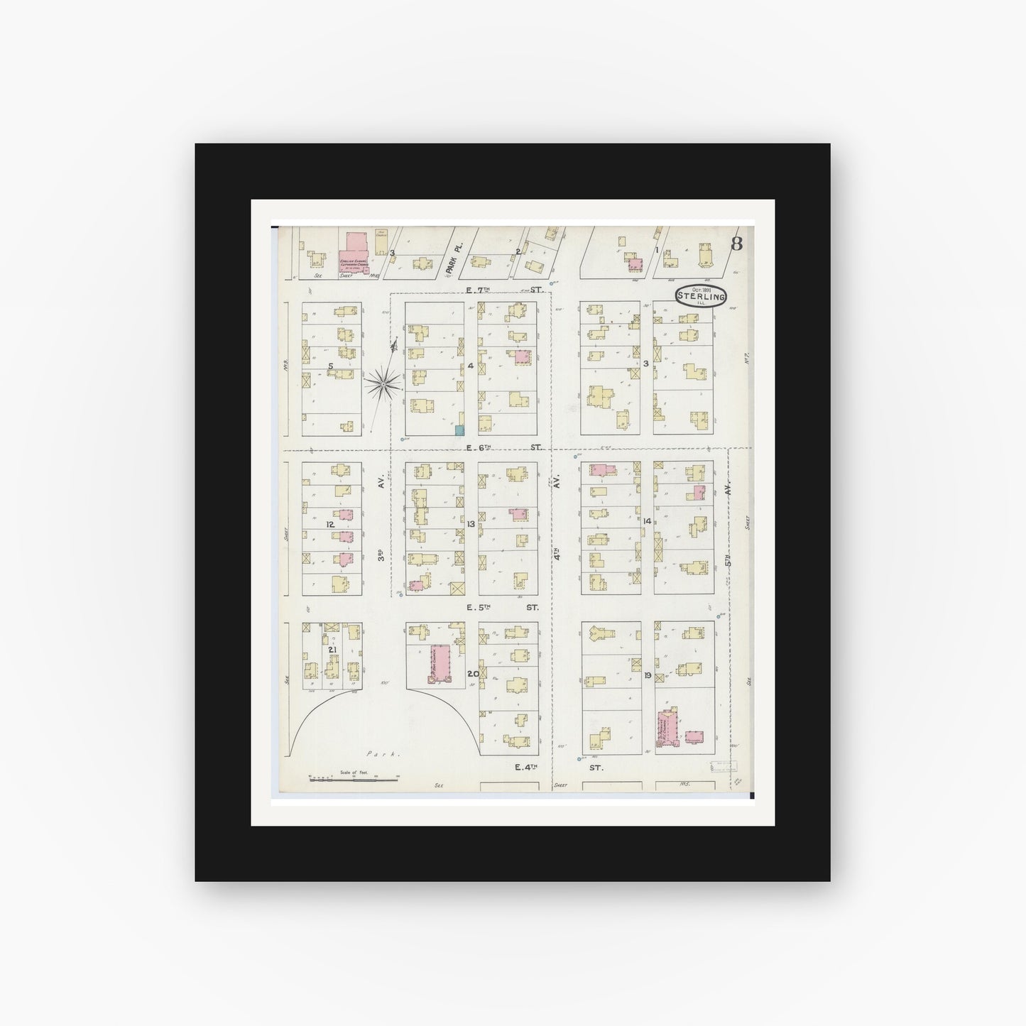 Old map wall art mockup — black gallery frame with white mat — Sanborn Fire Insurance Map from Sterling, Whiteside County, Illinois (1891), Sheet #0008