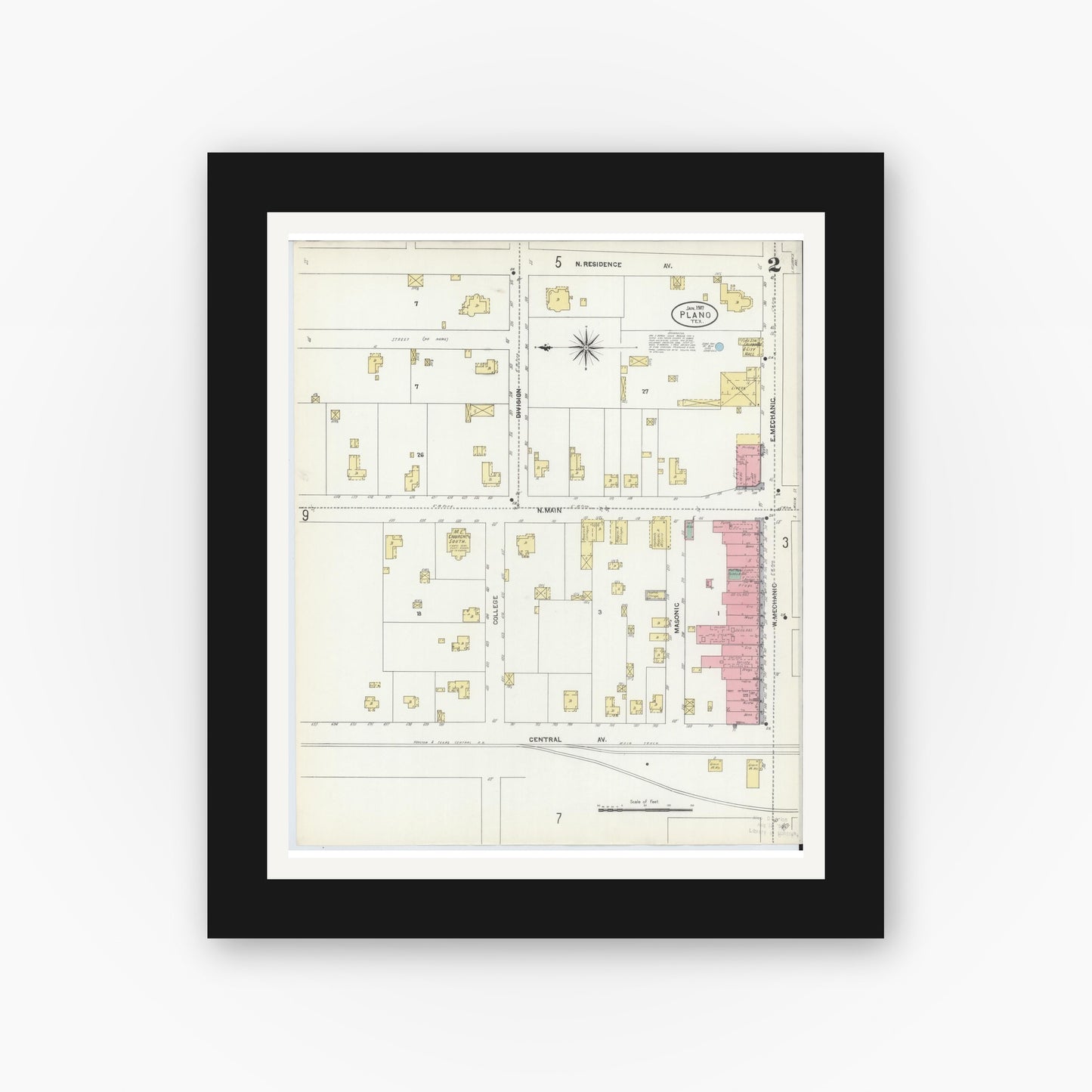 Old map wall art mockup — black gallery frame with white mat — Sanborn Fire Insurance Map from Plano, Collin County, Texas (1907), Sheet #0002