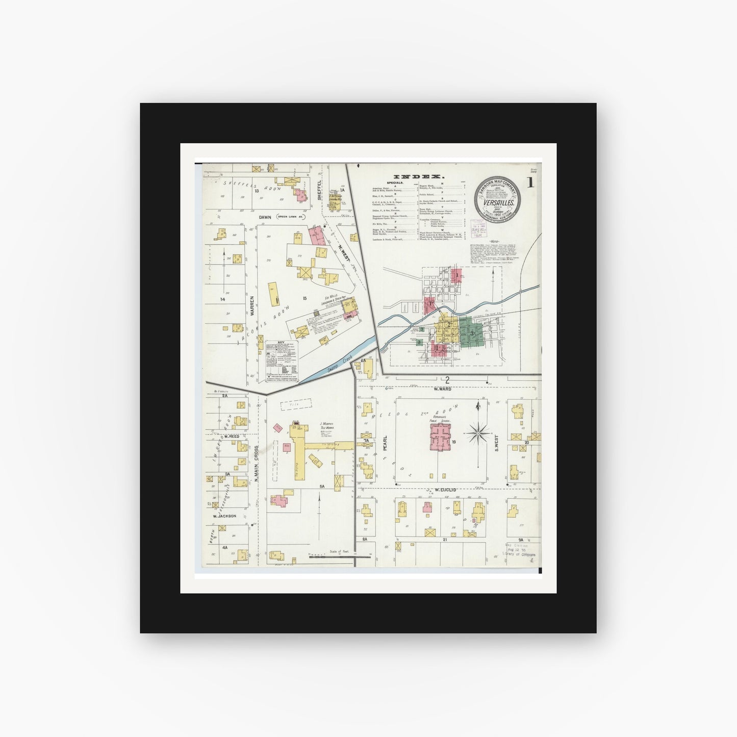 Old map wall art mockup — black gallery frame with white mat — Sanborn Fire Insurance Map from Versailles, Darke County, Ohio (1902), Sheet #0001