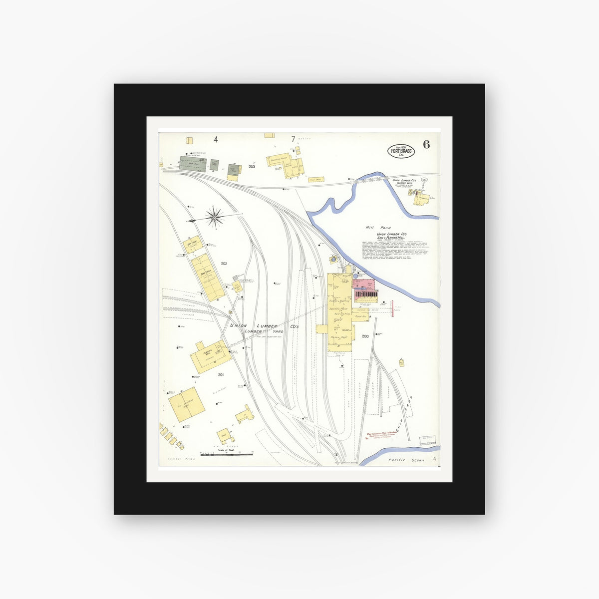 Old map wall art mockup — black gallery frame with white mat — Sanborn Fire Insurance Map from Fort Bragg, Mendocino County, California (1909), Sheet #0006
