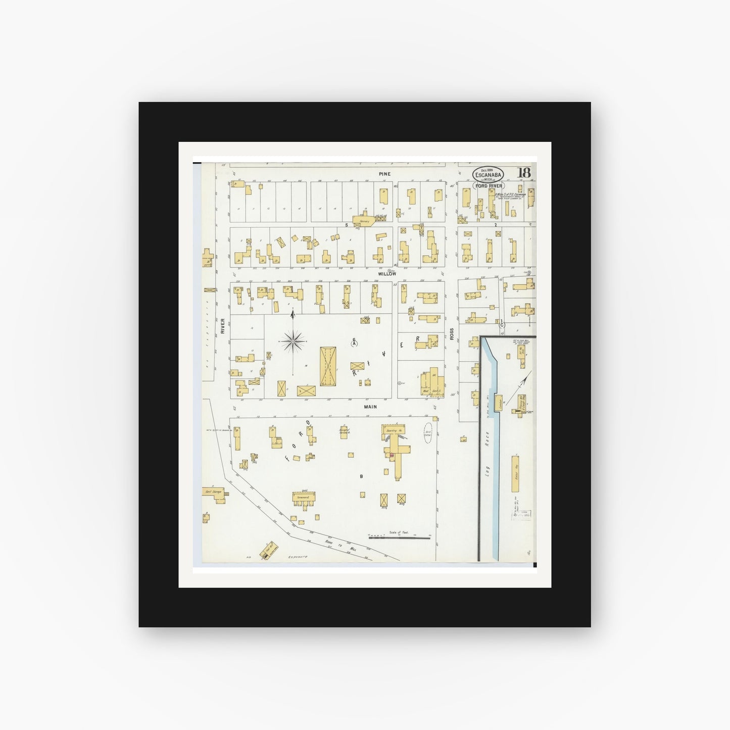 Old map wall art mockup — black gallery frame with white mat — Sanborn Fire Insurance Map from Escanaba, Delta County, Michigan (1899), Sheet #0018