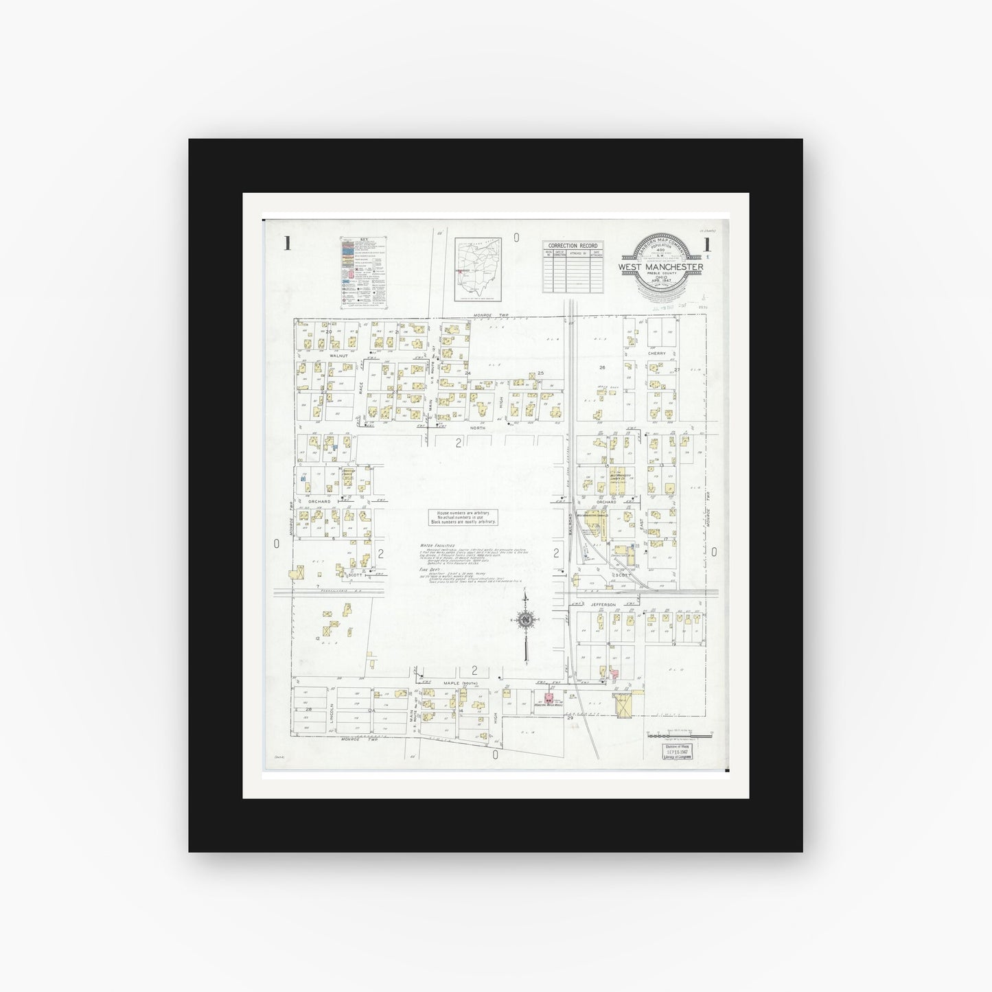 Old map wall art mockup — black gallery frame with white mat — Sanborn Fire Insurance Map from West Manchester, Preble County, Ohio (1947), Sheet #0001