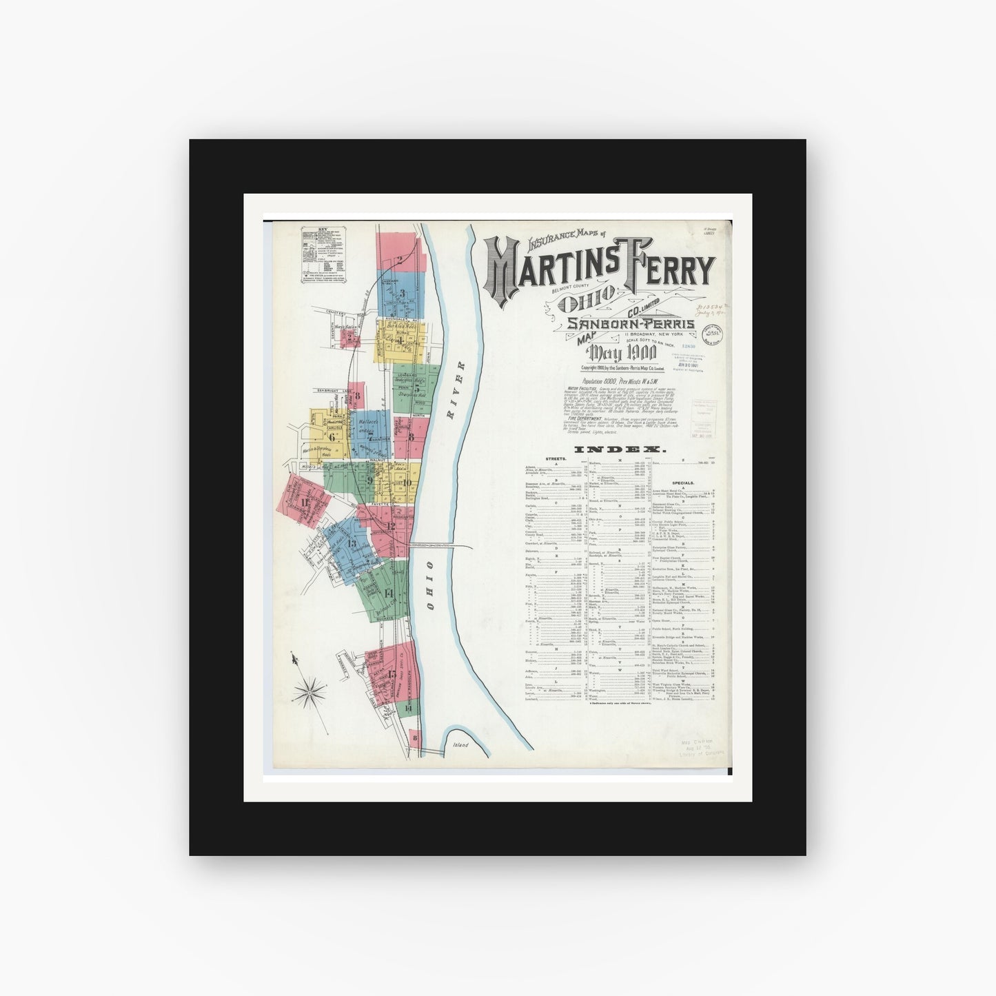 Old map wall art mockup — black gallery frame with white mat — Sanborn Fire Insurance Map from Martins Ferry, Belmont County, Ohio (1900) - Complete Map Set