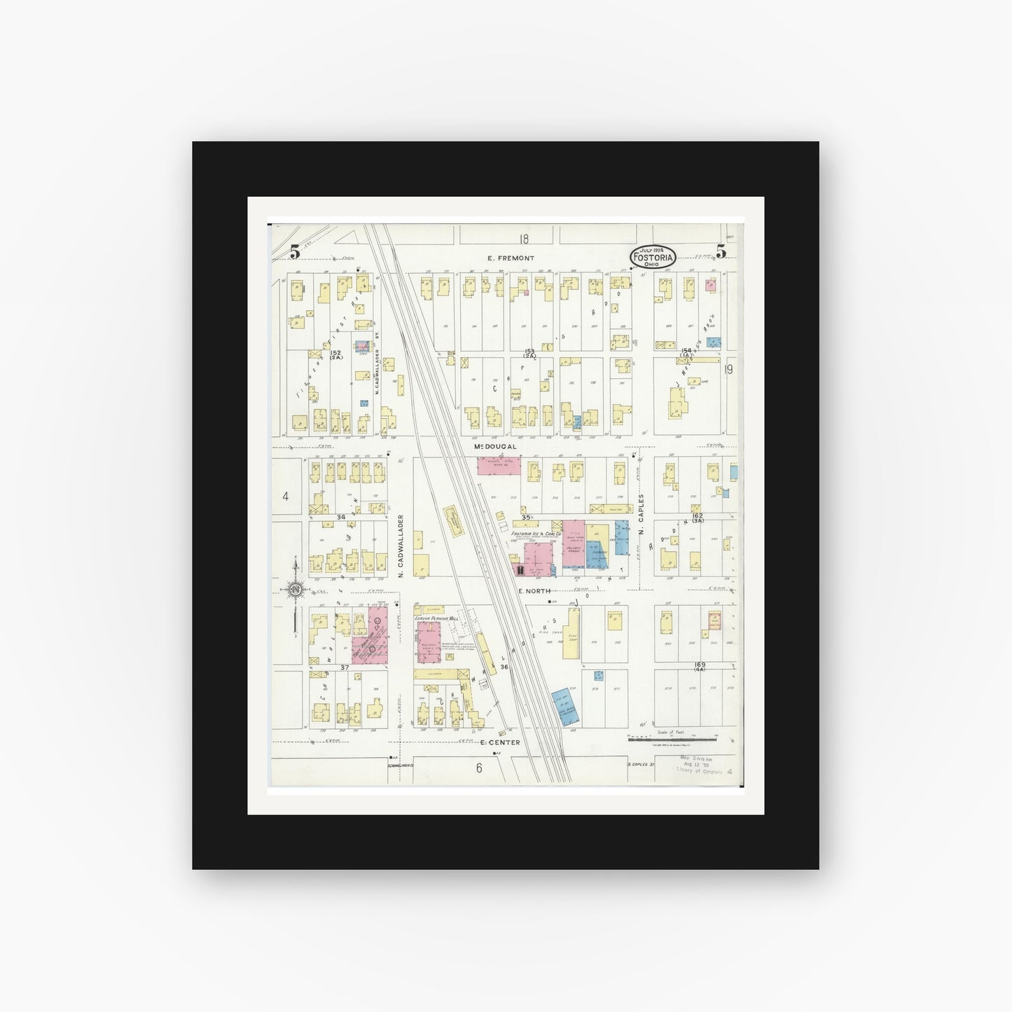 Old map wall art mockup — black gallery frame with white mat — Sanborn Fire Insurance Map from Fostoria, Seneca, Hancock, And Wood Counties, Ohio (1924), Sheet #0005