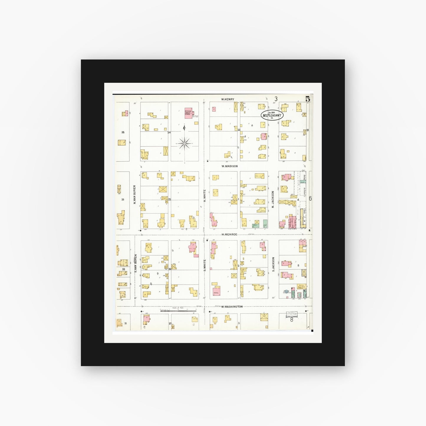 Old map wall art mockup — black gallery frame with white mat — Sanborn Fire Insurance Map from Mount Pleasant, Henry County, Iowa (1899), Sheet #0005