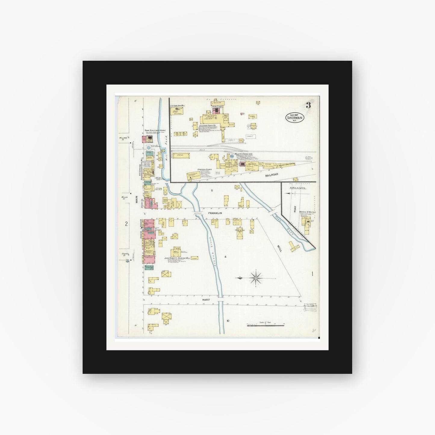 Old map wall art mockup — black gallery frame with white mat — Sanborn Fire Insurance Map from Sherman, Chautauqua County, New York (1907), Sheet #0003