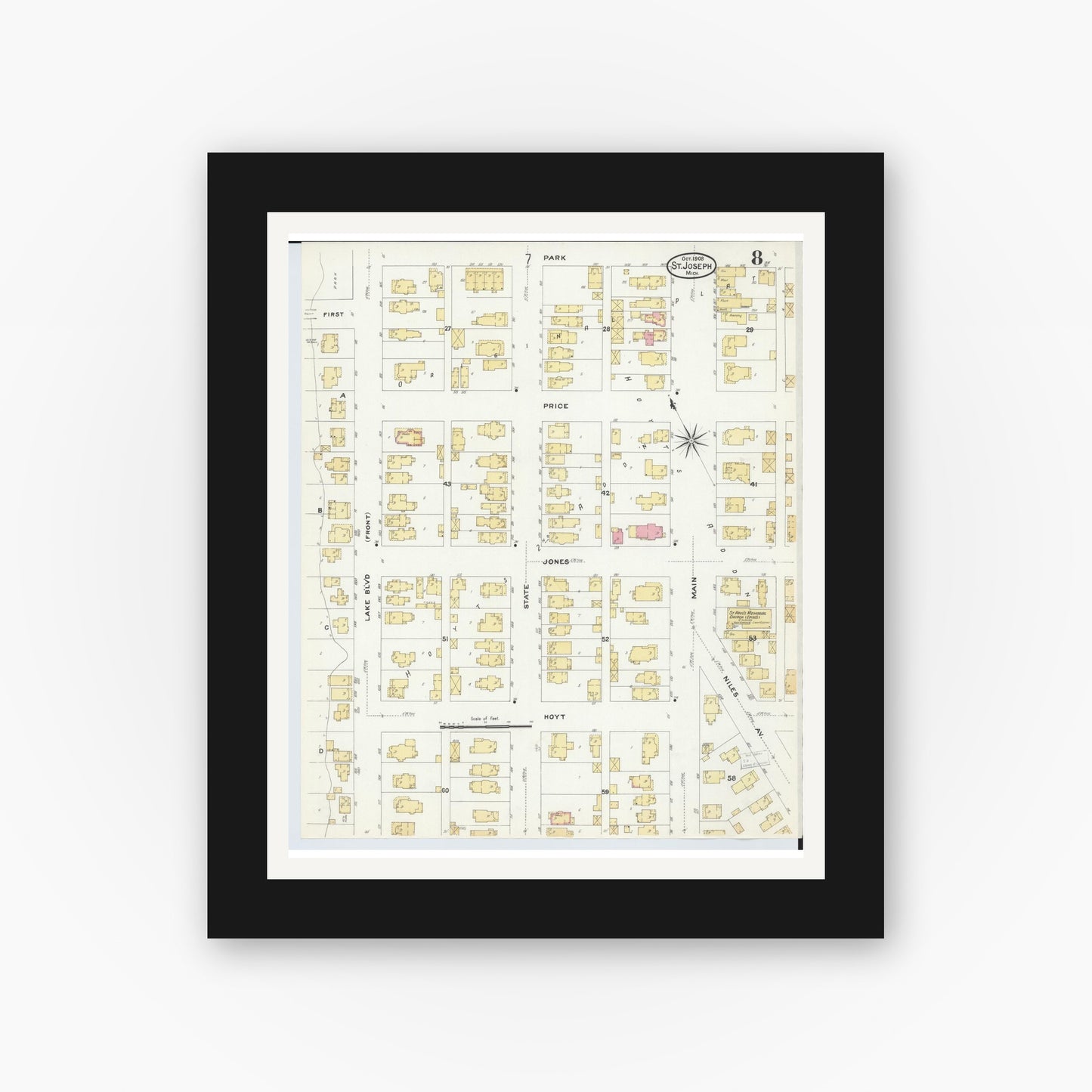 Old map wall art mockup — black gallery frame with white mat — Sanborn Fire Insurance Map from Saint Joseph, Berrien County, Michigan (1908), Sheet #0008