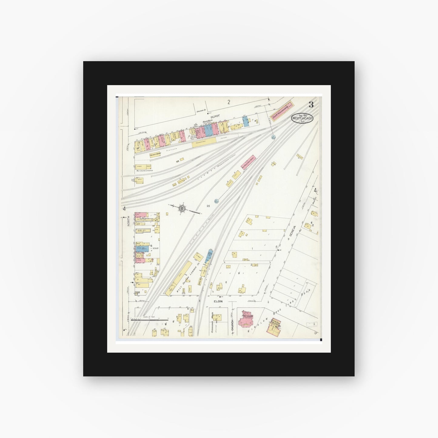 Old map wall art mockup — black gallery frame with white mat — Sanborn Fire Insurance Map from West Chicago, Du Page County, Illinois (1912), Sheet #0003