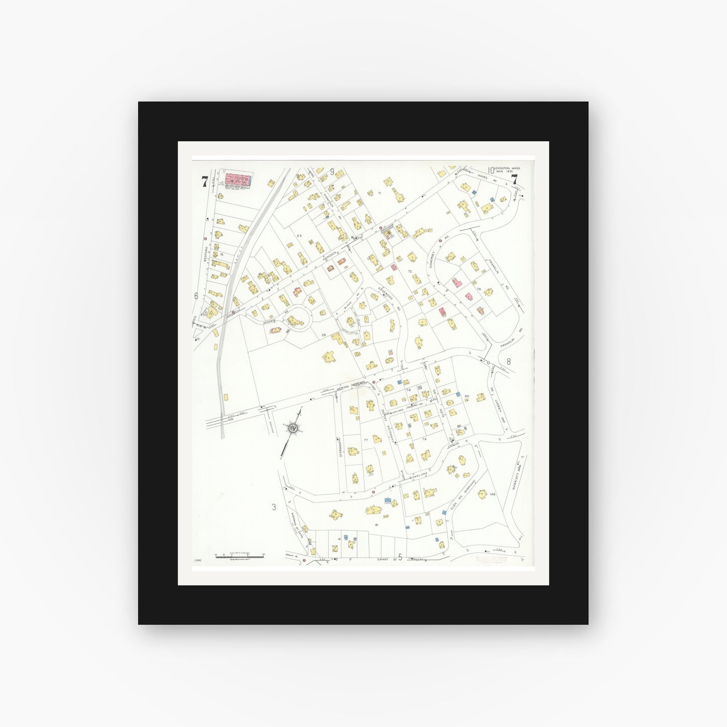 Old map wall art mockup — black gallery frame with white mat — Sanborn Fire Insurance Map from Lexington, Middlesex County, Massachusetts (1935), Sheet #0007