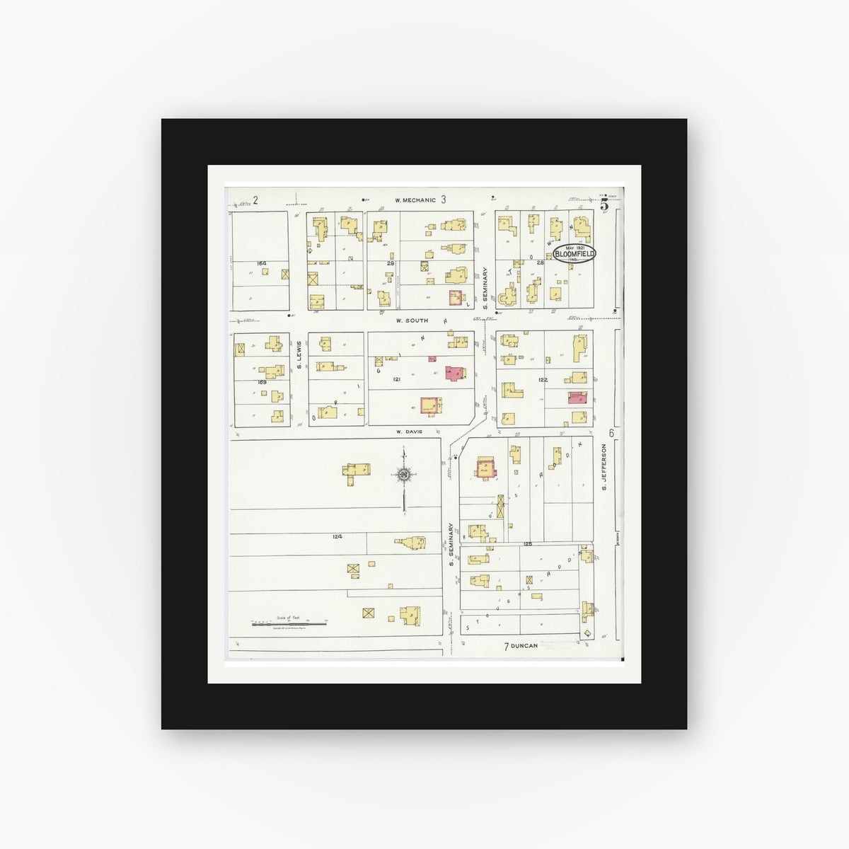 Old map wall art mockup — black gallery frame with white mat — Sanborn Fire Insurance Map from Bloomfield, Greene County, Indiana (1921), Sheet #0005