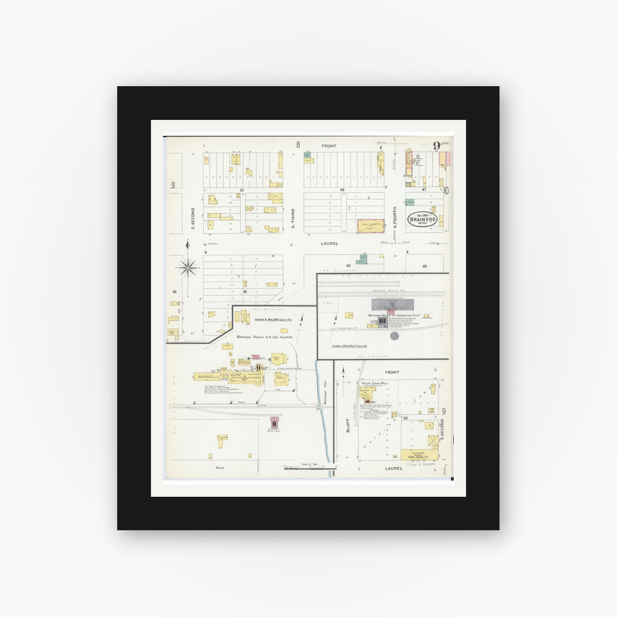 Old map wall art mockup — black gallery frame with white mat — Sanborn Fire Insurance Map from Brainerd, Crow Wing County, Minnesota (1907), Sheet #0009