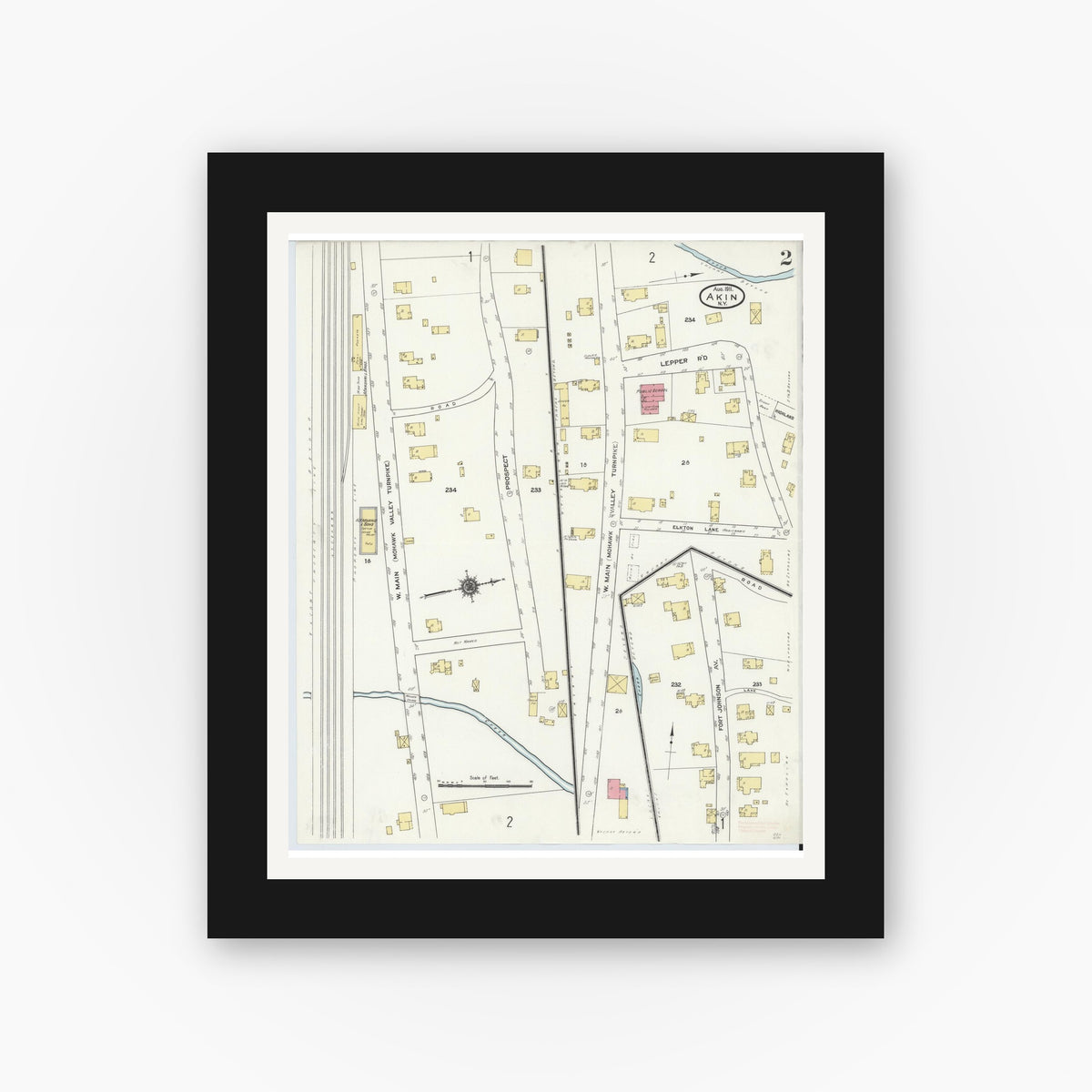 Old map wall art mockup — black gallery frame with white mat — Sanborn Fire Insurance Map from Akin, Montgomery County, New York (1911), Sheet #0002