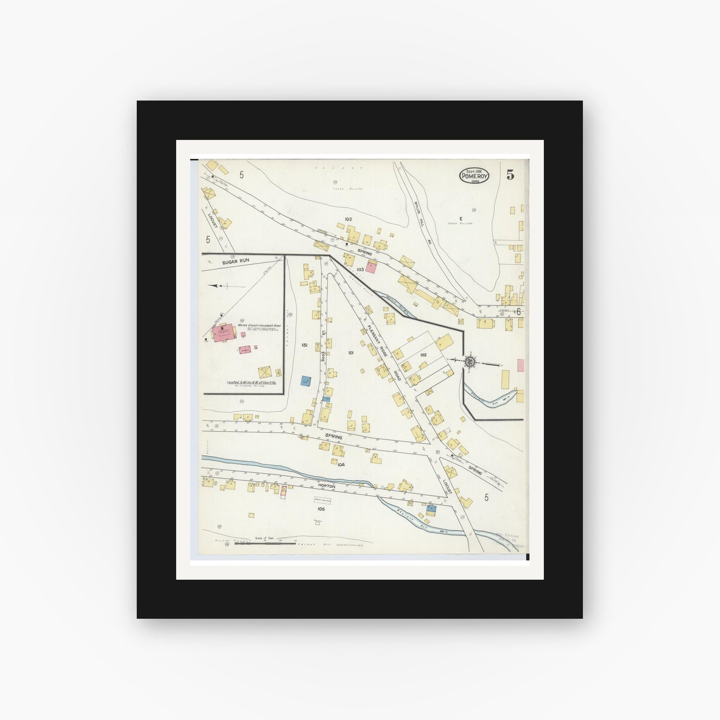 Old map wall art mockup — black gallery frame with white mat — Sanborn Fire Insurance Map from Pomeroy, Meigs County, Ohio (1916), Sheet #0005