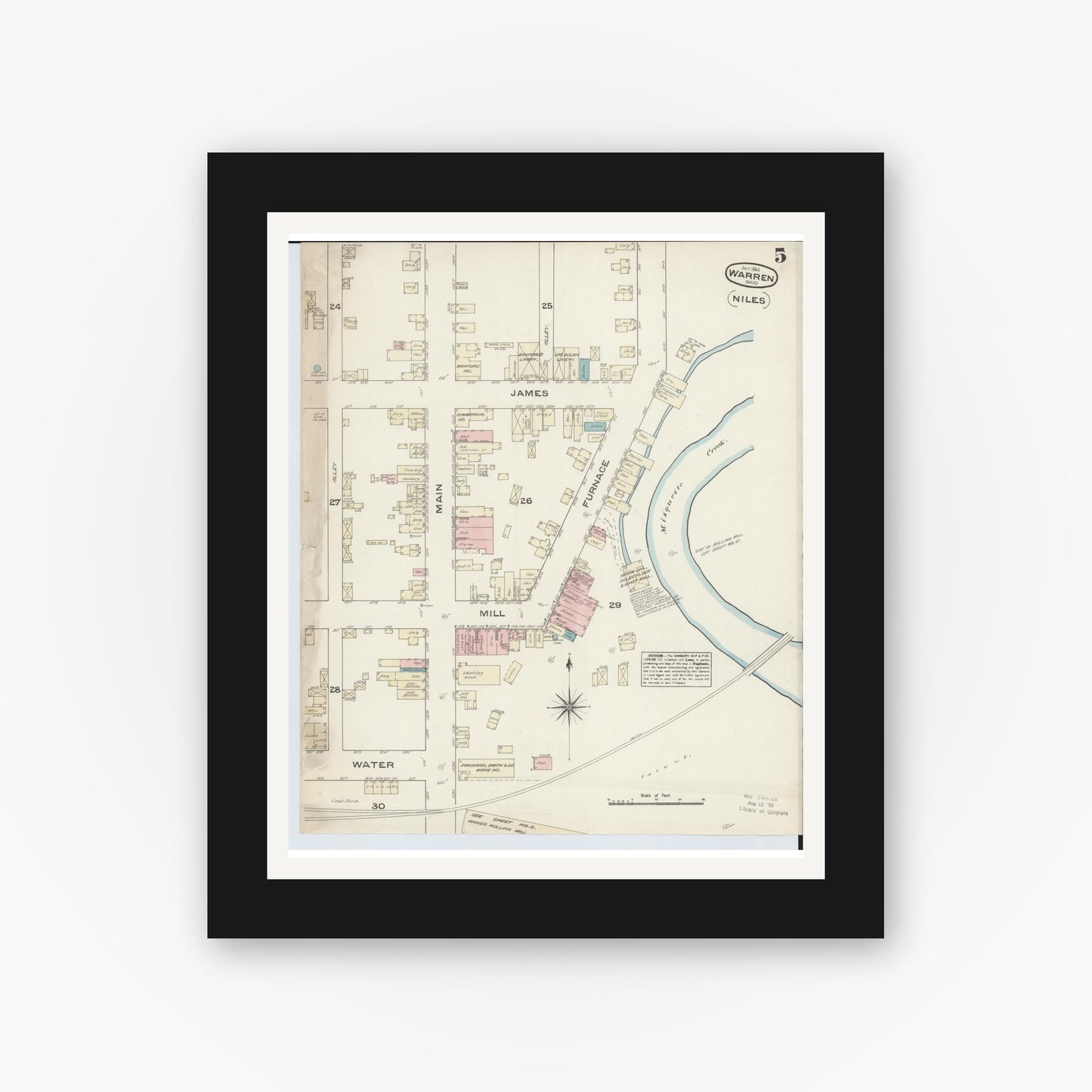 Old map wall art mockup — black gallery frame with white mat — Sanborn Fire Insurance Map from Warren, Trumbull County, Ohio (1884), Sheet #0005