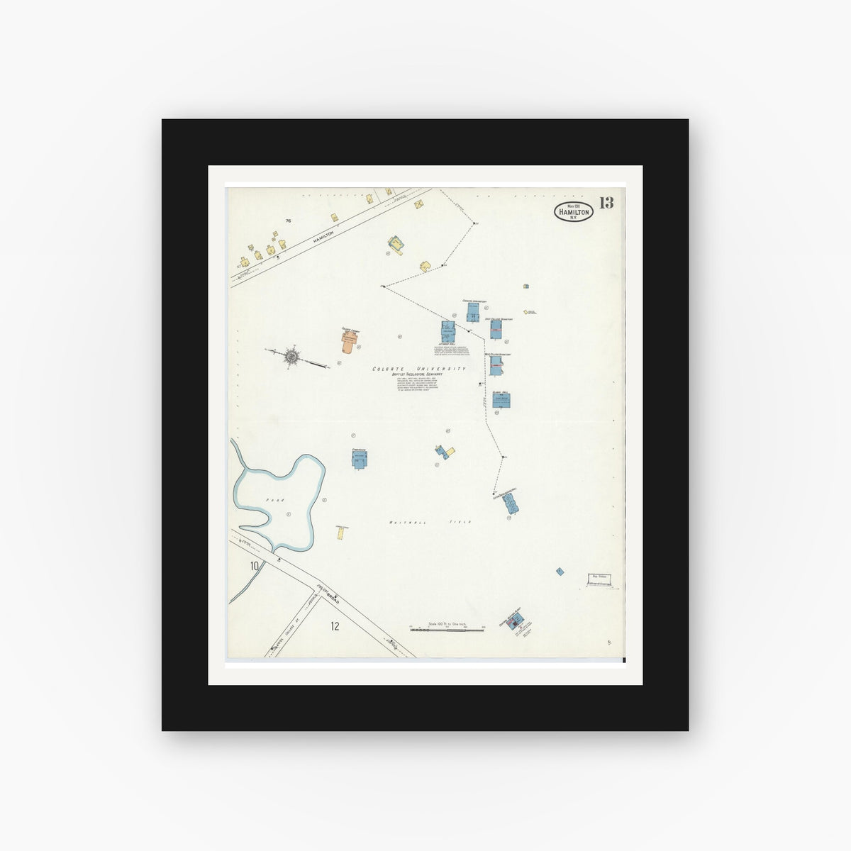 Old map wall art mockup — black gallery frame with white mat — Sanborn Fire Insurance Map from Hamilton, Madison County, New York (1911), Sheet #0013