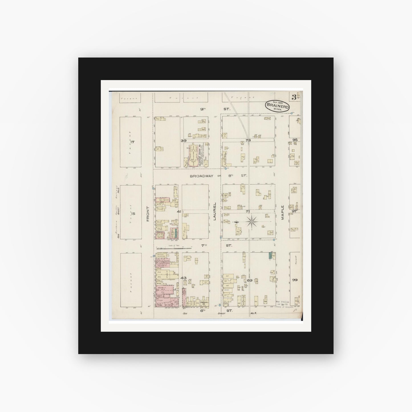 Old map wall art mockup — black gallery frame with white mat — Sanborn Fire Insurance Map from Brainerd, Crow Wing County, Minnesota (1885), Sheet #0003