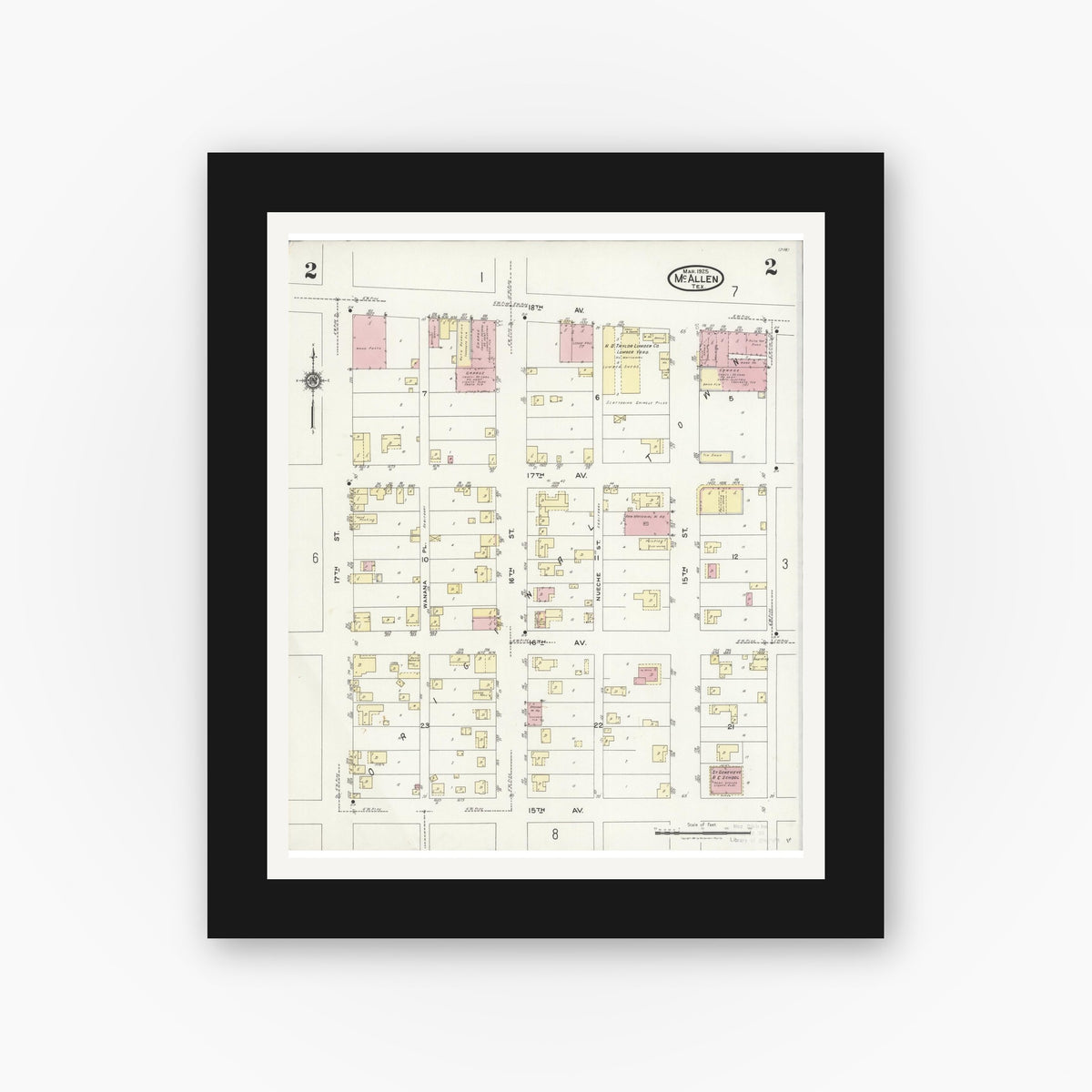 Old map wall art mockup — black gallery frame with white mat — Sanborn Fire Insurance Map from McAllen, Hidalgo County, Texas (1925), Sheet #0002