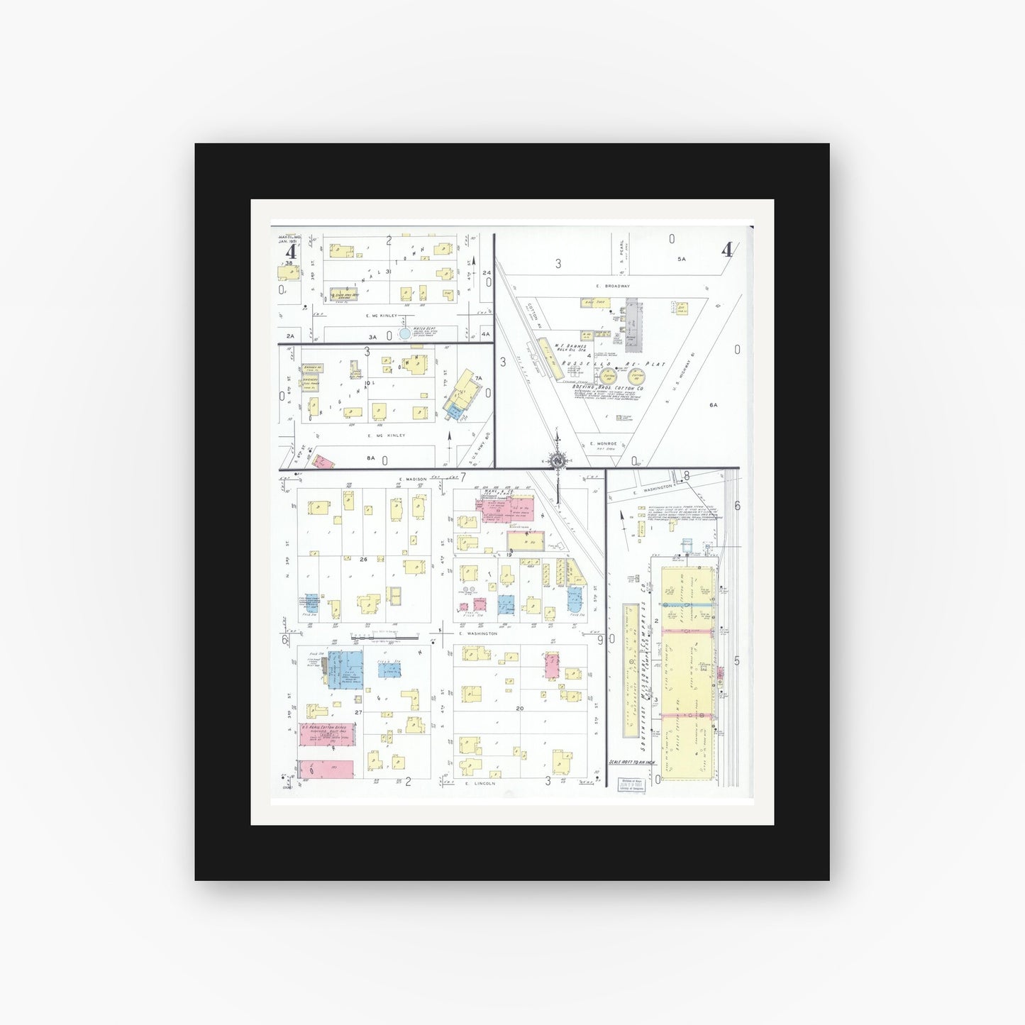 Old map wall art mockup — black gallery frame with white mat — Sanborn Fire Insurance Map from Hayti, Pemiscot County, Missouri (1951), Sheet #0004