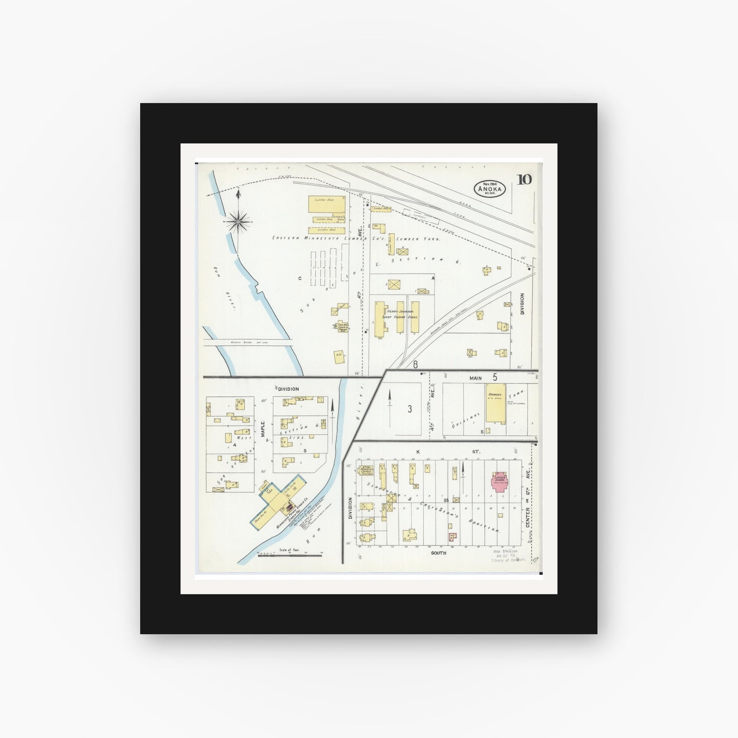 Old map wall art mockup — black gallery frame with white mat — Sanborn Fire Insurance Map from Anoka, Anoka County, Minnesota (1904), Sheet #0010