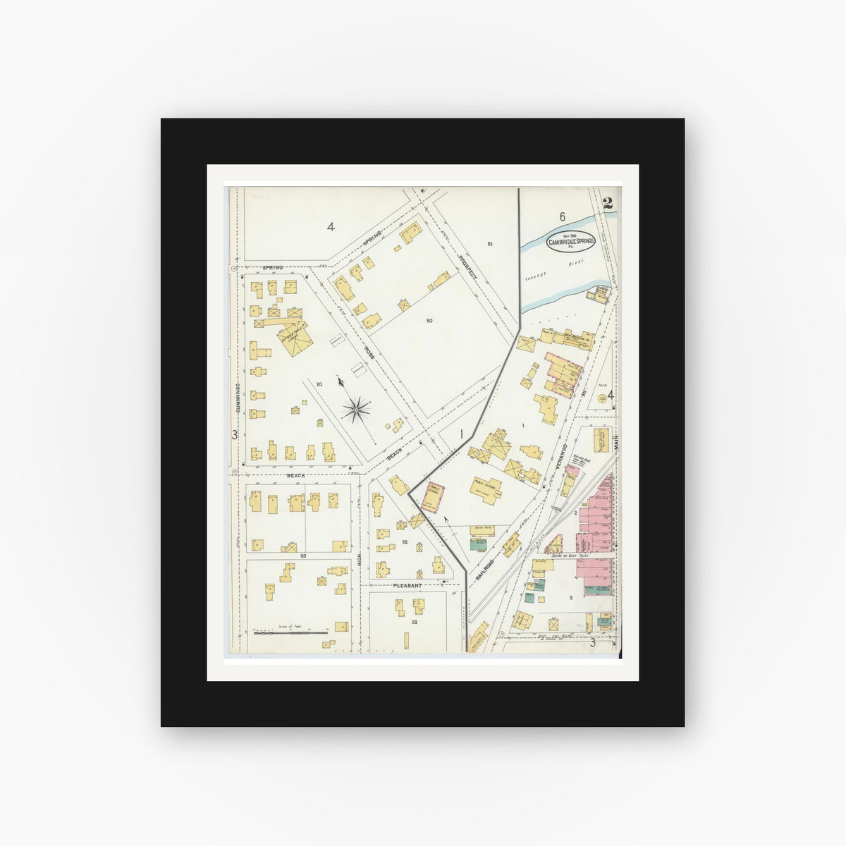 Old map wall art mockup — black gallery frame with white mat — Sanborn Fire Insurance Map from Cambridge Springs, Crawford County, Pennsylvania (1904), Sheet #0002