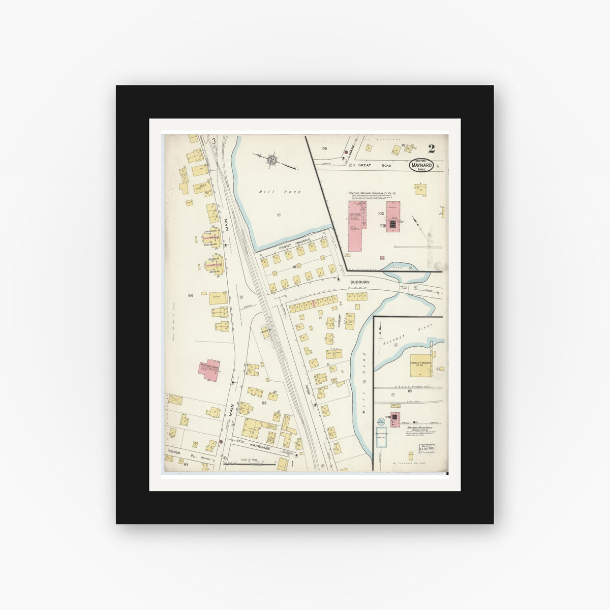 Old map wall art mockup — black gallery frame with white mat — Sanborn Fire Insurance Map from Maynard, Middlesex County, Massachusetts (1915), Sheet #0002