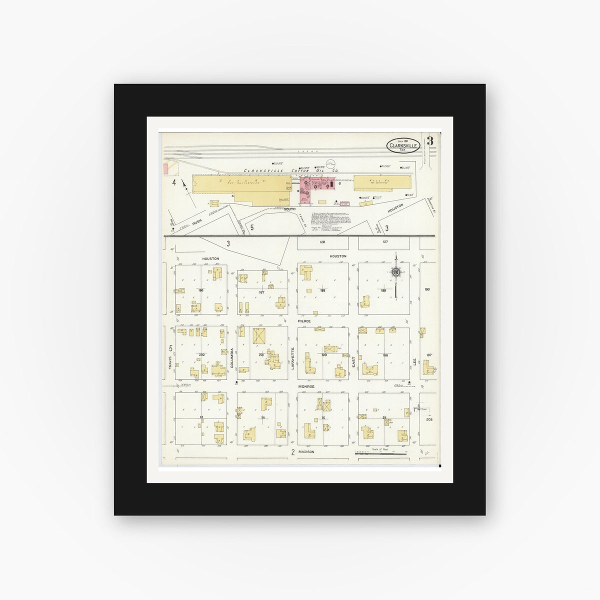 Old map wall art mockup — black gallery frame with white mat — Sanborn Fire Insurance Map from Clarksville, Red River County, Texas (1911), Sheet #0003