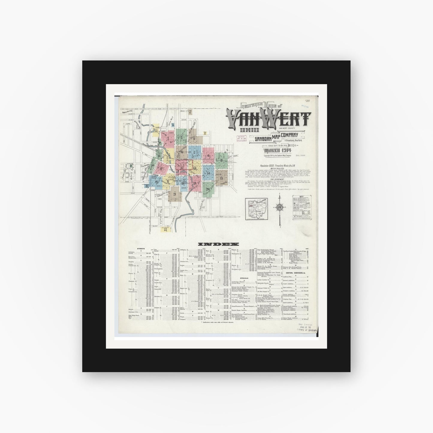 Old map wall art mockup — black gallery frame with white mat — Sanborn Fire Insurance Map from Van Wert, Van Wert County, Ohio (1914), Sheet #0001