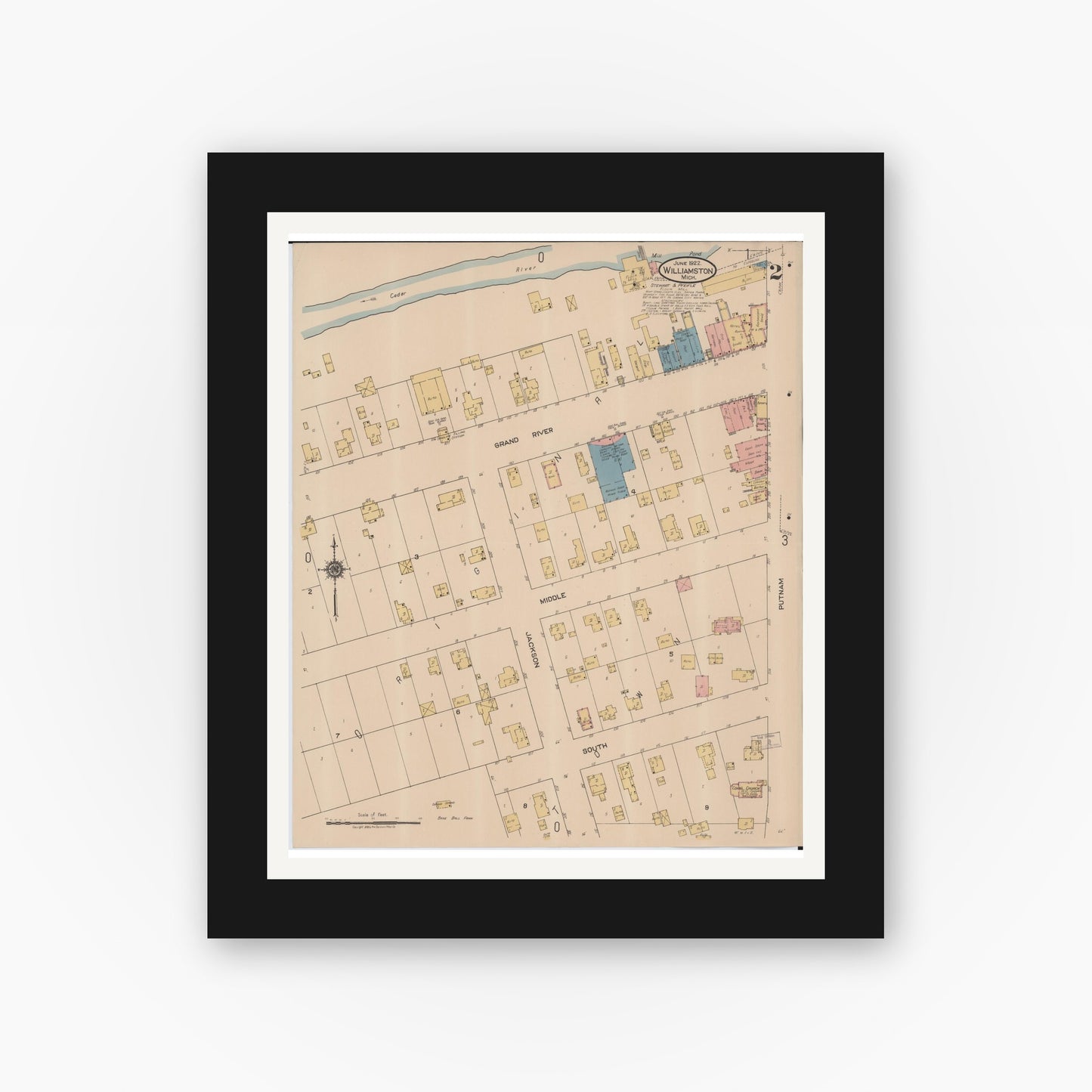 Old map wall art mockup — black gallery frame with white mat — Sanborn Fire Insurance Map from Williamston, Ingham County, Michigan (1922), Sheet #0002