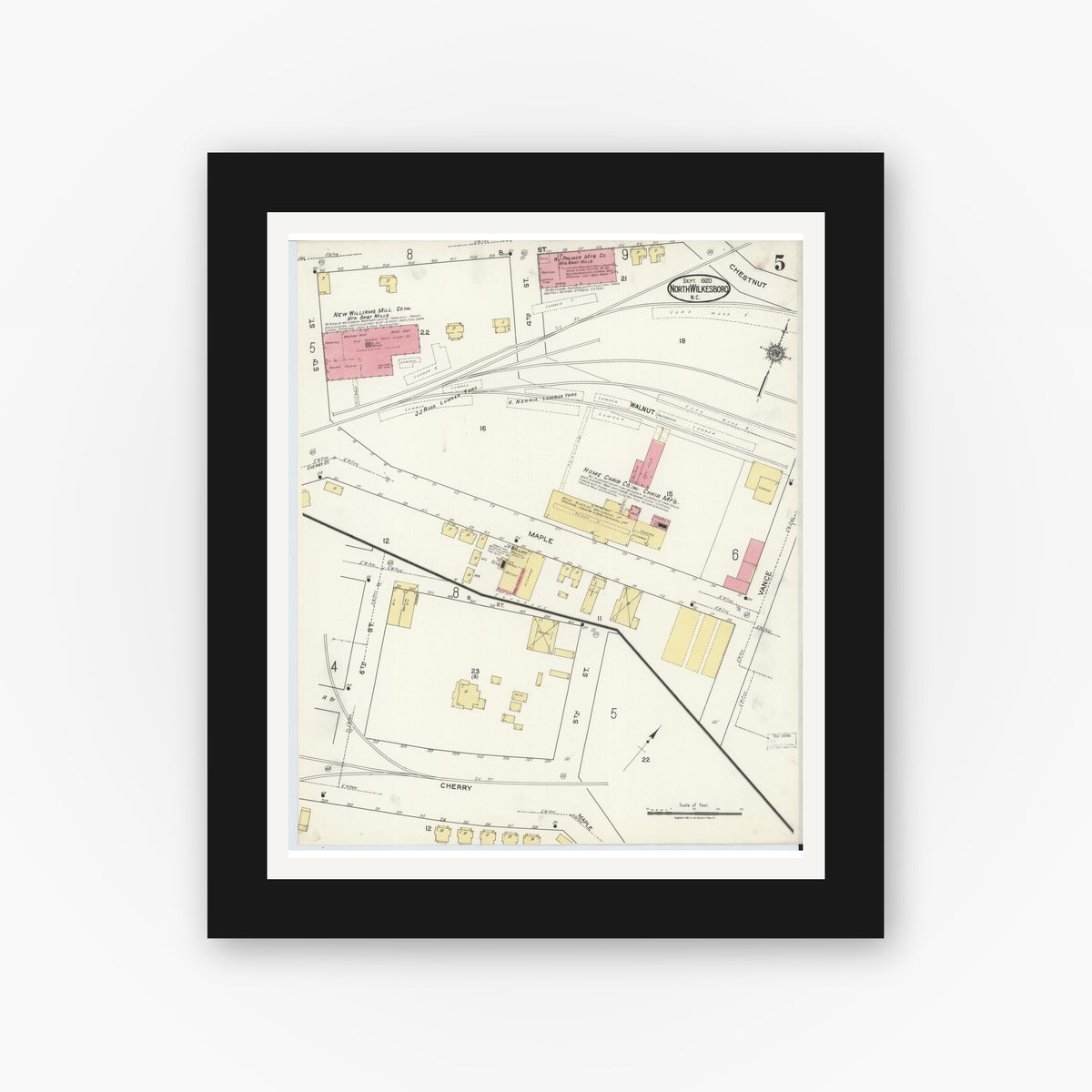 Old map wall art mockup — black gallery frame with white mat — Sanborn Fire Insurance Map from North Wilkesboro, Wilkes County, North Carolina (1920), Sheet #0005