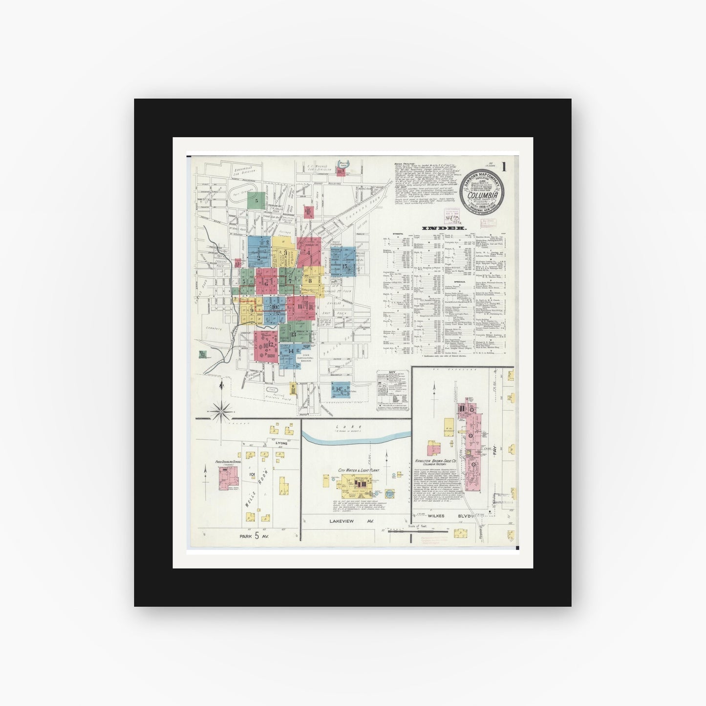 Old map wall art mockup — black gallery frame with white mat — Sanborn Fire Insurance Map from Columbia, Boone County, Missouri (1908) - Complete Map Set
