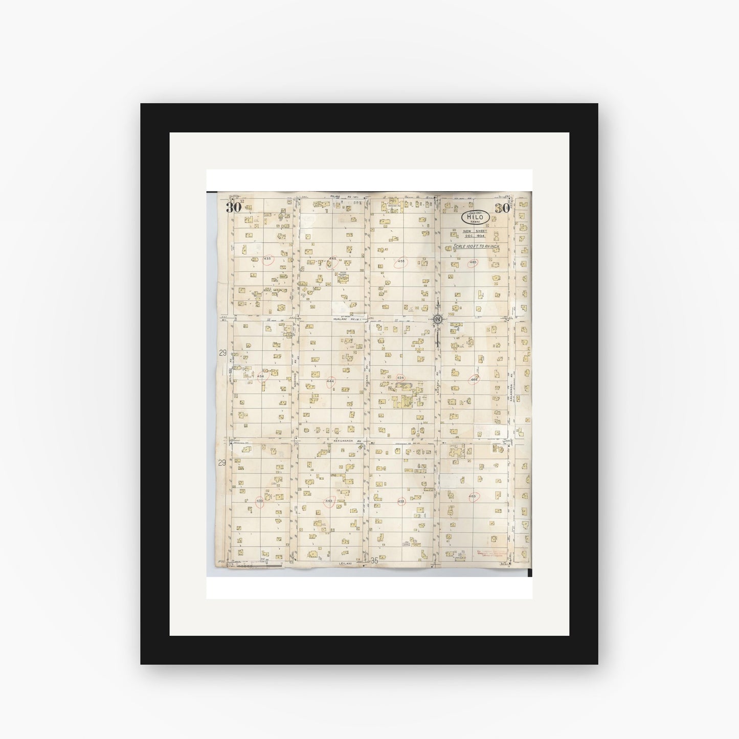 Old map wall art mockup — black gallery frame with white mat — Sanborn Fire Insurance Map from Hilo, Hawaii County, Hawaii (1957), Sheet #0030