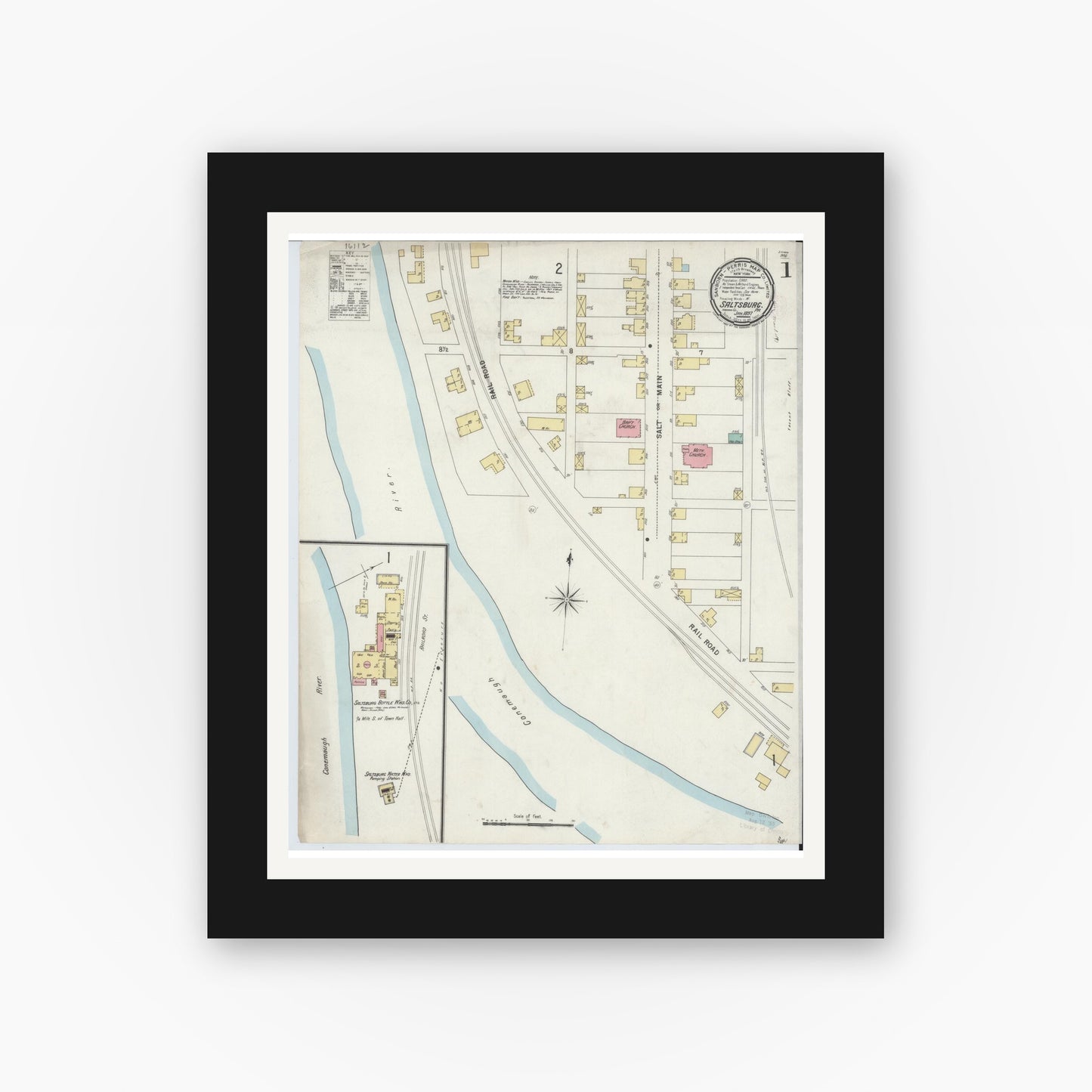 Old map wall art mockup — black gallery frame with white mat — Sanborn Fire Insurance Map from Saltsburg, Indiana County, Pennsylvania (1897) - Complete Map Set