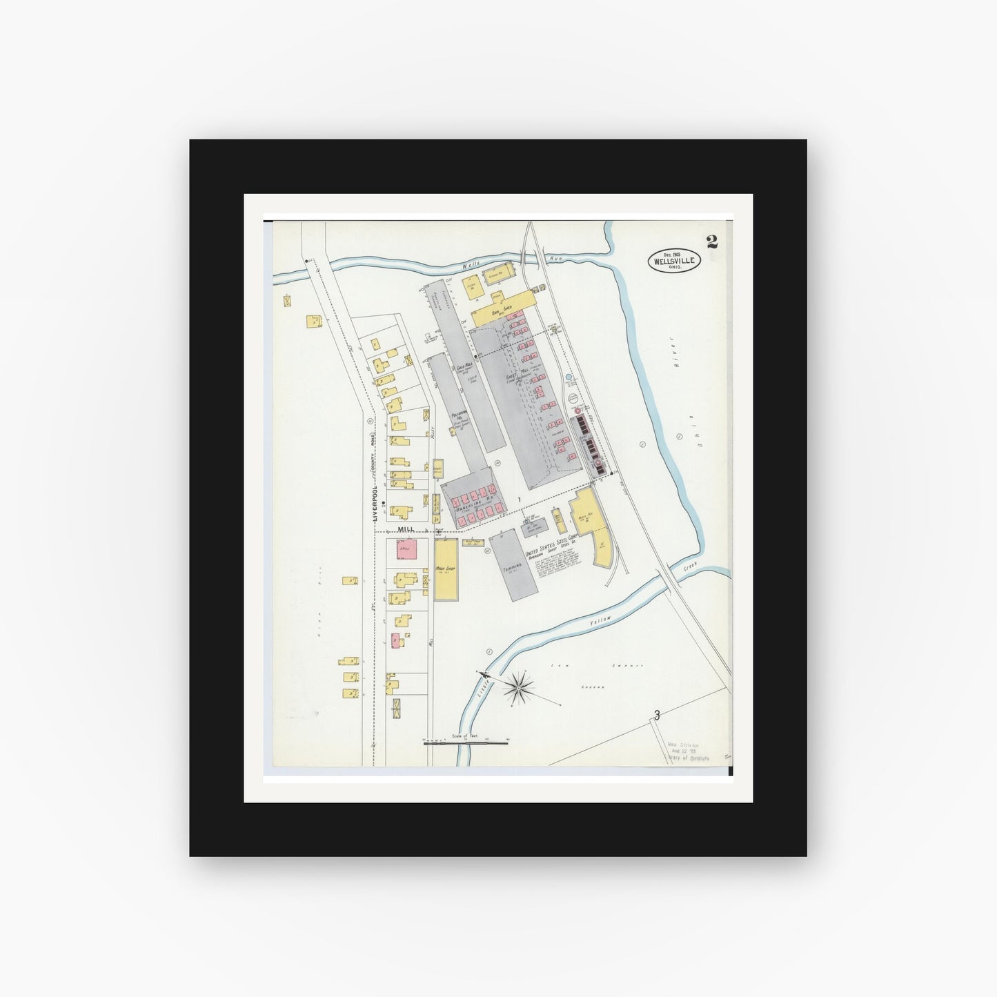 Old map wall art mockup — black gallery frame with white mat — Sanborn Fire Insurance Map from Wellsville, Columbiana County, Ohio (1903), Sheet #0002