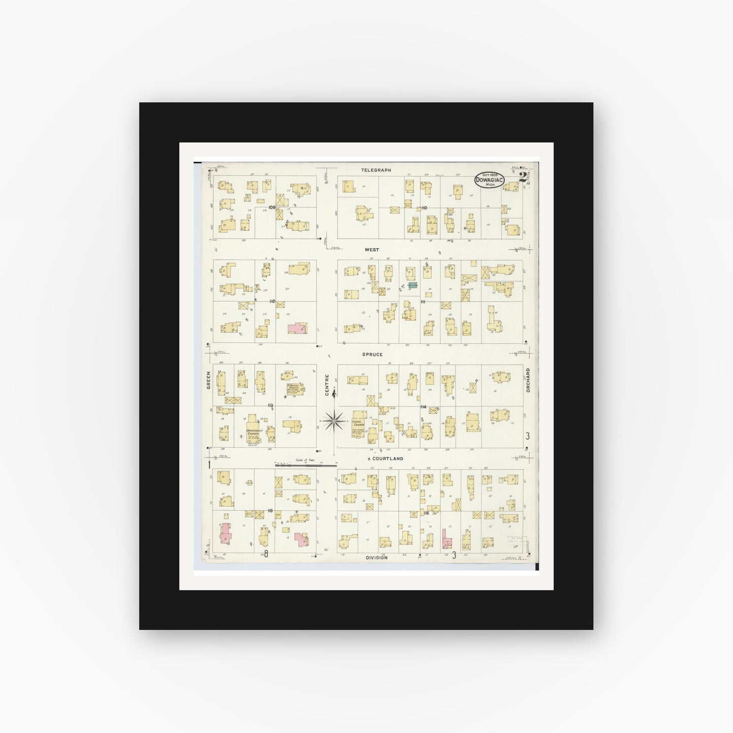 Old map wall art mockup — black gallery frame with white mat — Sanborn Fire Insurance Map from Dowagiac, Cass County, Michigan (1908), Sheet #0002