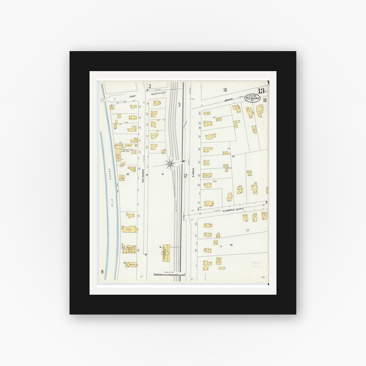 Old map wall art mockup — black gallery frame with white mat — Sanborn Fire Insurance Map from Newark, Wayne County, New York (1906), Sheet #0013