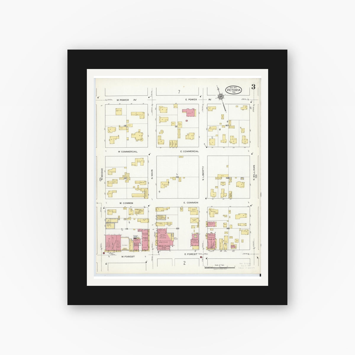 Old map wall art mockup — black gallery frame with white mat — Sanborn Fire Insurance Map from Victoria, Victoria County, Texas (1917), Sheet #0003