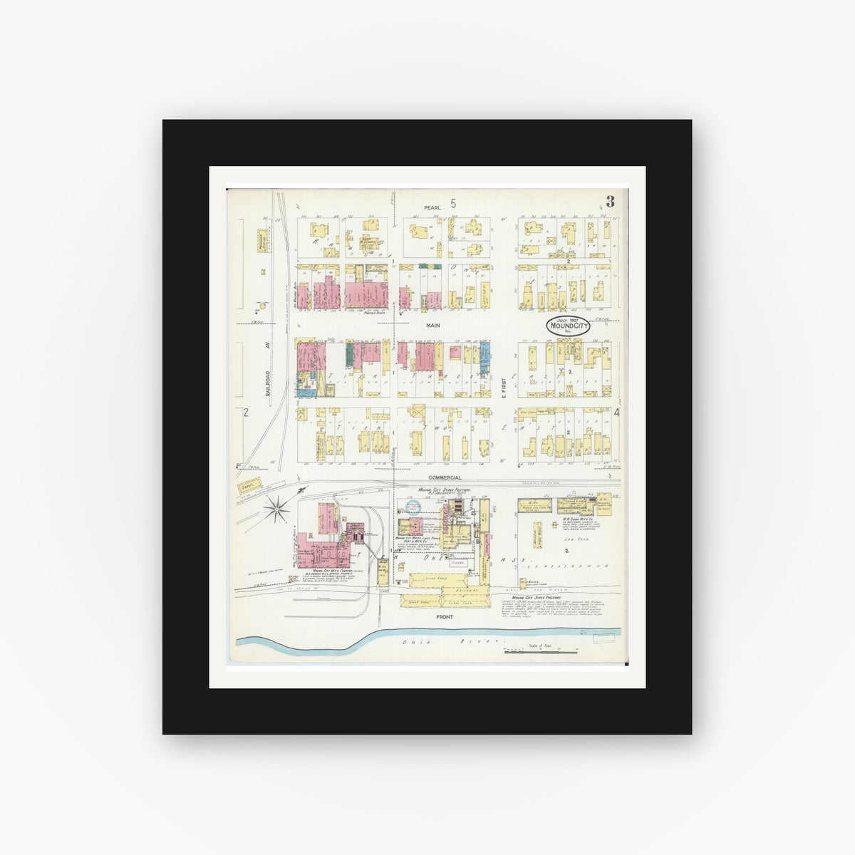Old map wall art mockup — black gallery frame with white mat — Sanborn Fire Insurance Map from Mound City, Pulaski County, Illinois (1907), Sheet #0003