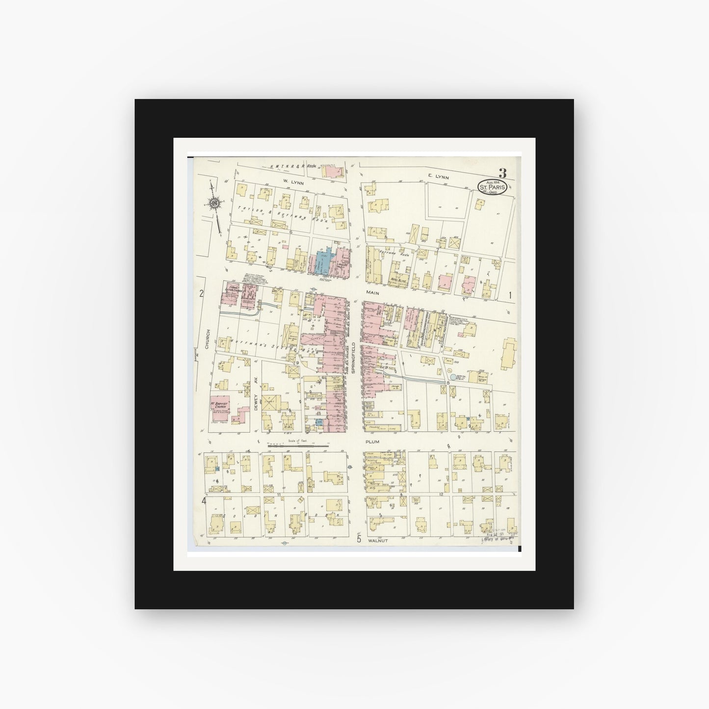Old map wall art mockup — black gallery frame with white mat — Sanborn Fire Insurance Map from Saint Paris, Champaign County, Ohio (1914), Sheet #0003