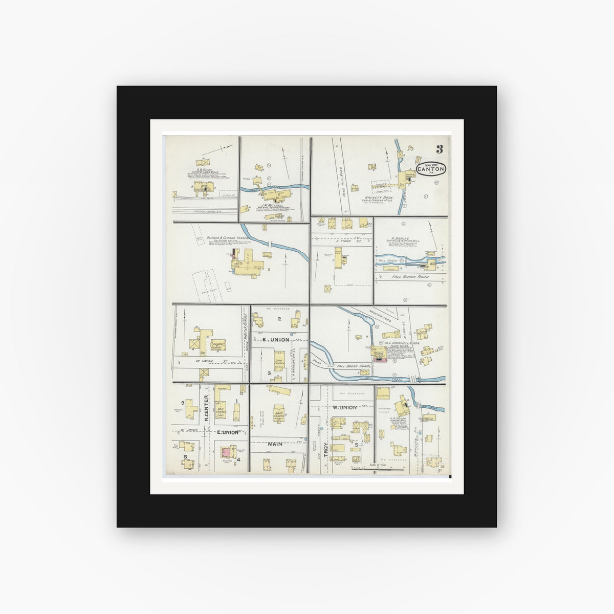 Old map wall art mockup — black gallery frame with white mat — Sanborn Fire Insurance Map from Canton, Bradford County, Pennsylvania (1892), Sheet #0003