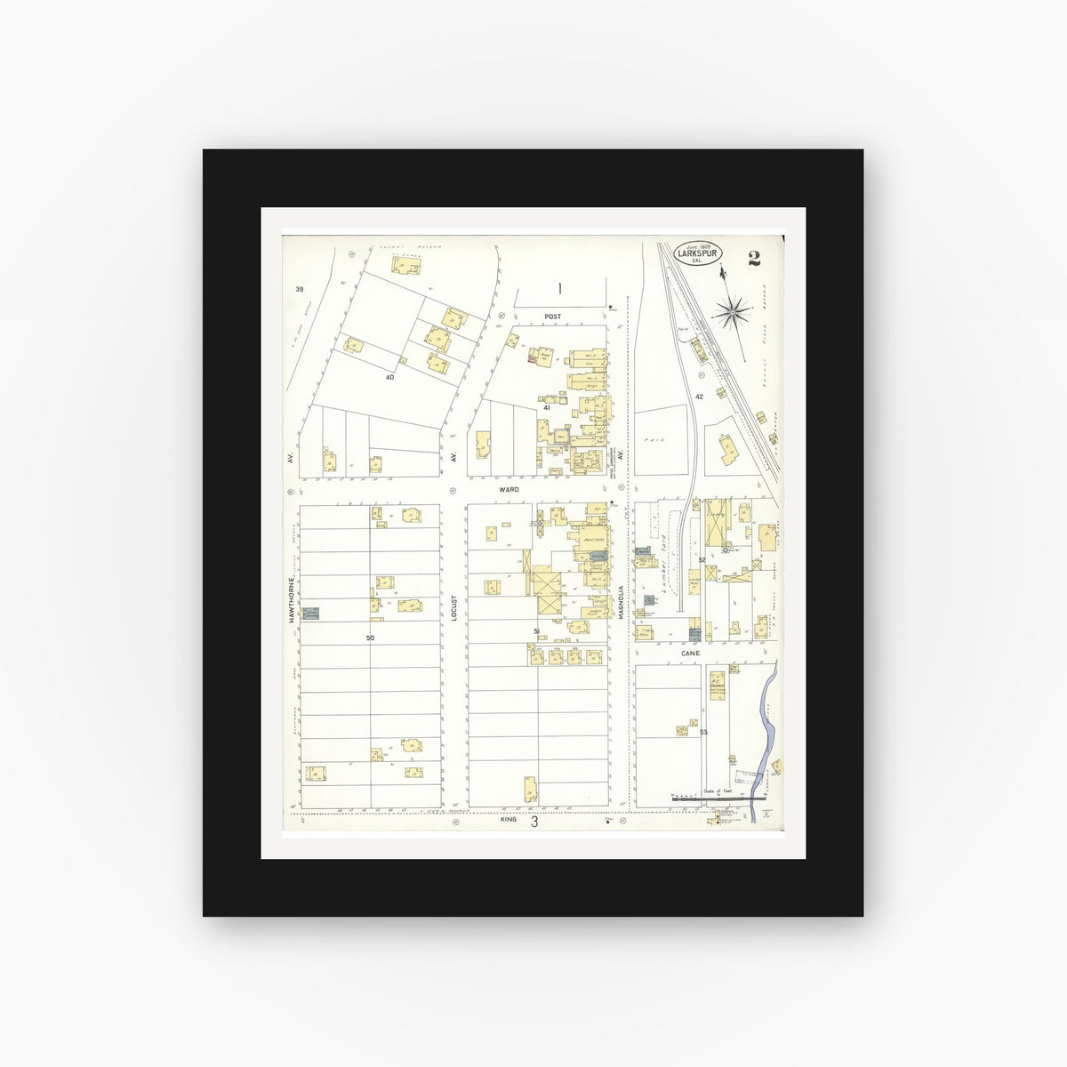 Old map wall art mockup — black gallery frame with white mat — Sanborn Fire Insurance Map from Larkspur, Marin County, California (1909), Sheet #0002