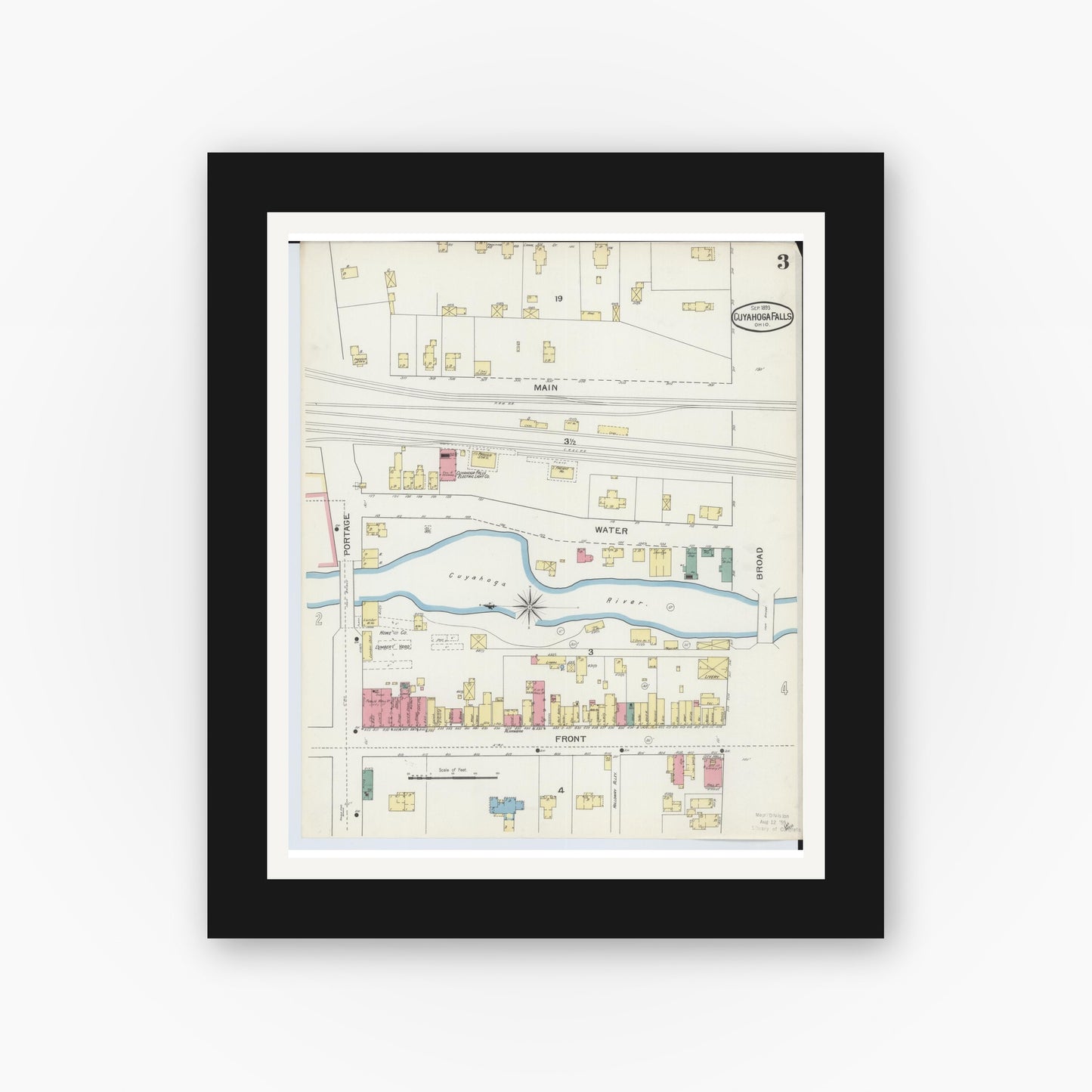 Old map wall art mockup — black gallery frame with white mat — Sanborn Fire Insurance Map from Cuyahoga Falls, Summit County, Ohio (1893), Sheet #0003