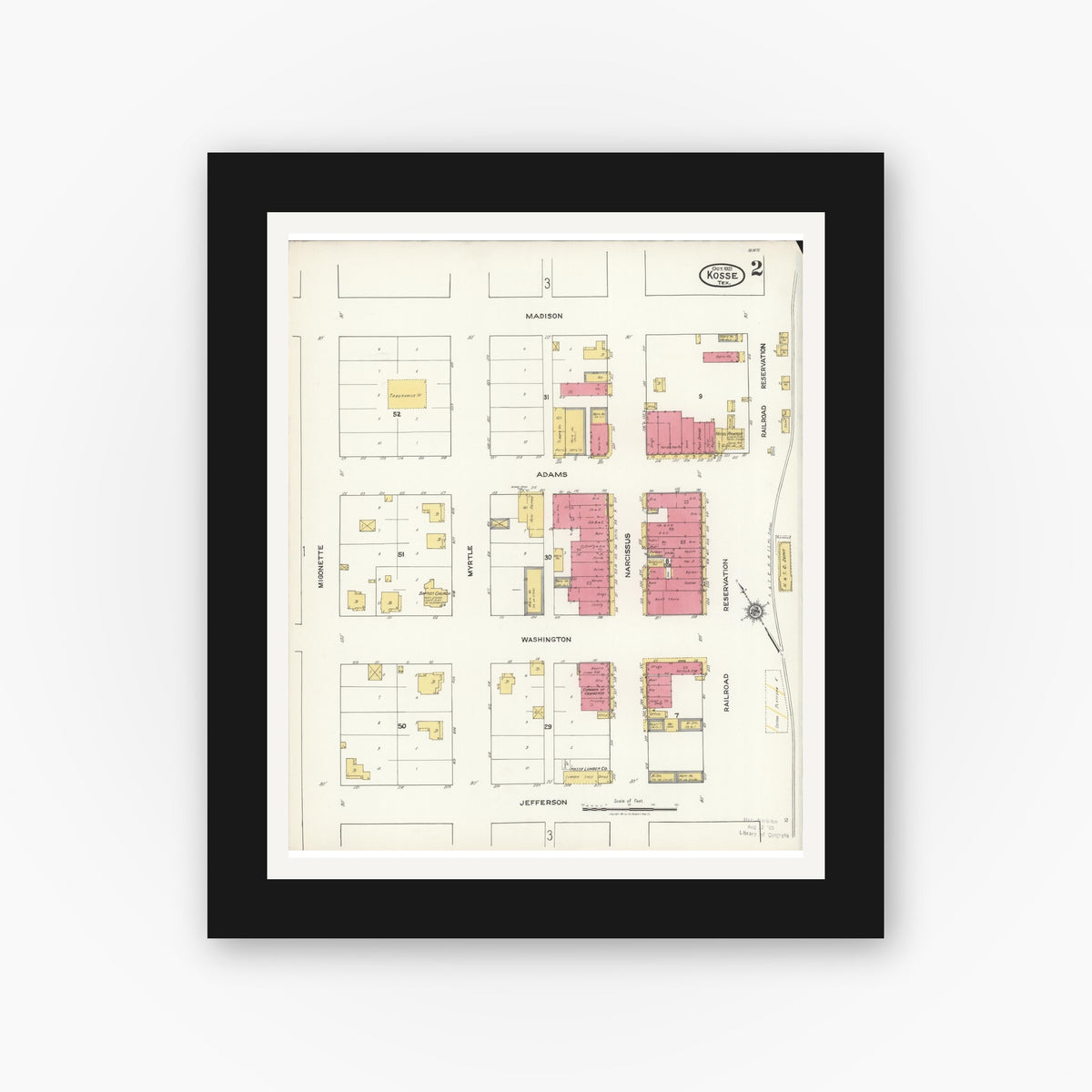 Old map wall art mockup — black gallery frame with white mat — Sanborn Fire Insurance Map from Kosse, Limestone County, Texas (1921), Sheet #0002