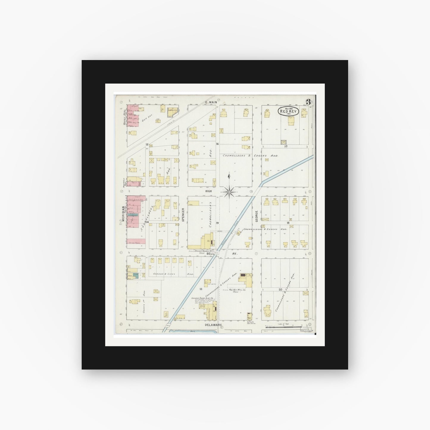 Old map wall art mockup — black gallery frame with white mat — Sanborn Fire Insurance Map from Redkey, Jay County, Indiana (1895), Sheet #0003