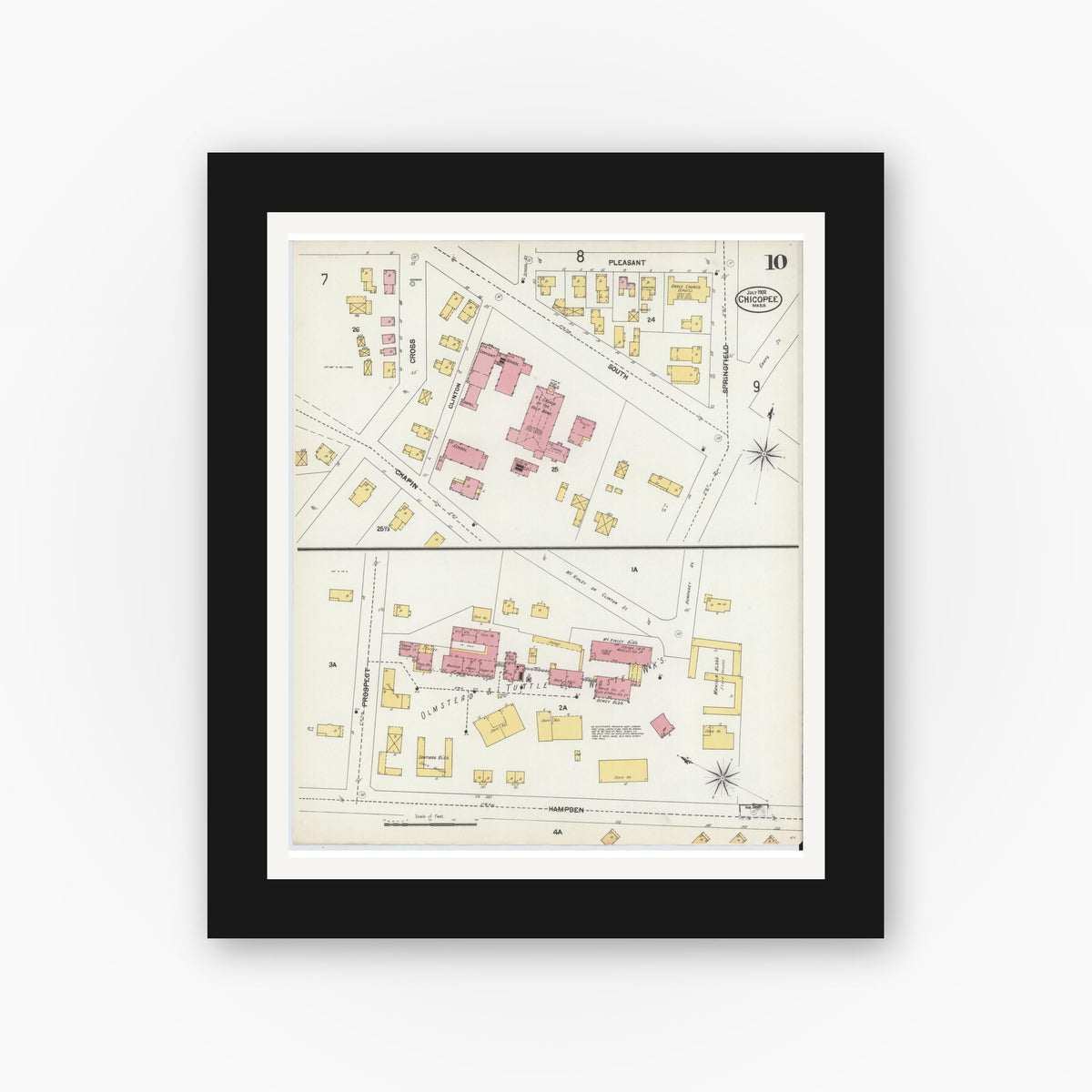 Old map wall art mockup — black gallery frame with white mat — Sanborn Fire Insurance Map from Chicopee, Hampden County, Massachusetts (1902), Sheet #0010