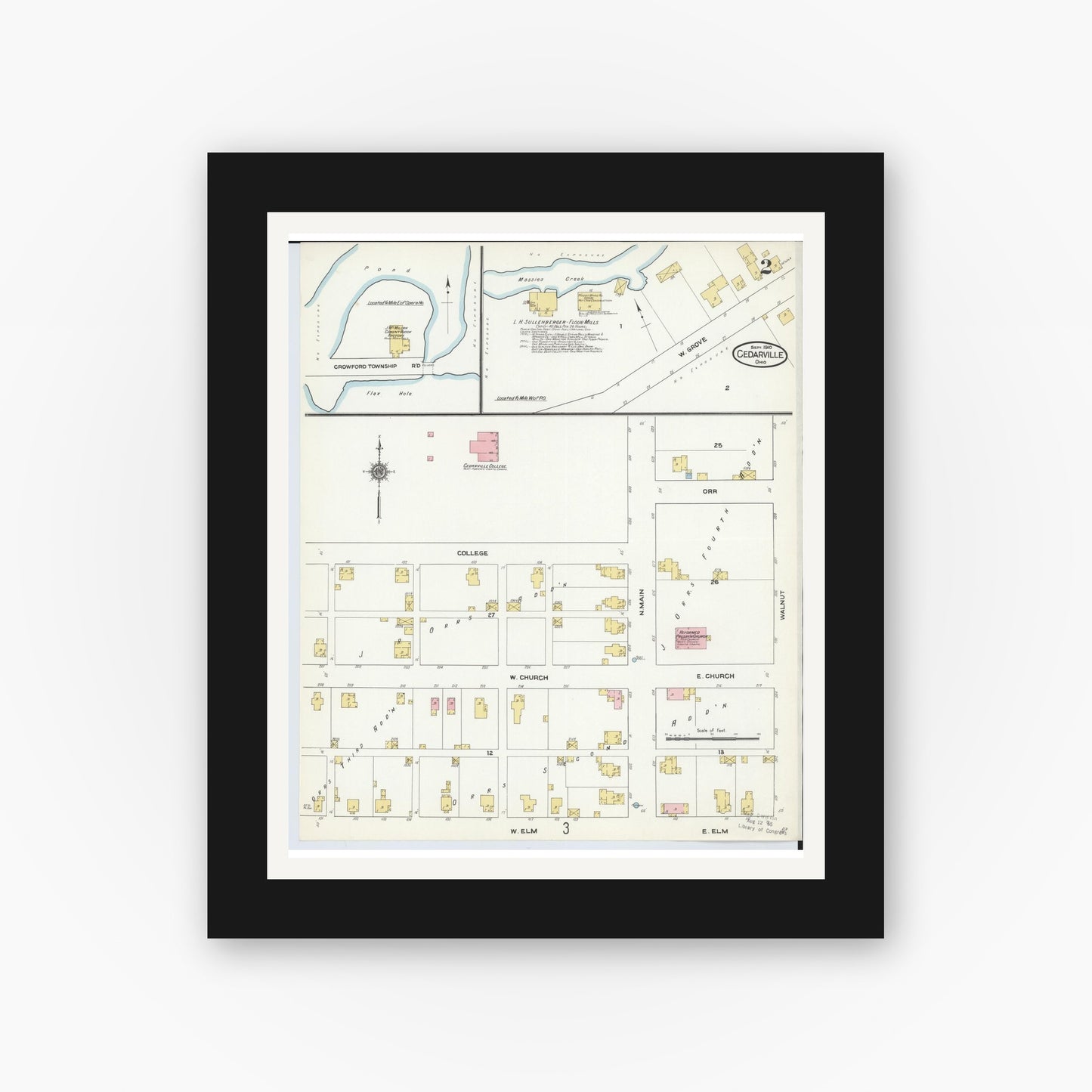 Old map wall art mockup — black gallery frame with white mat — Sanborn Fire Insurance Map from Cedarville, Greene County, Ohio (1910), Sheet #0002