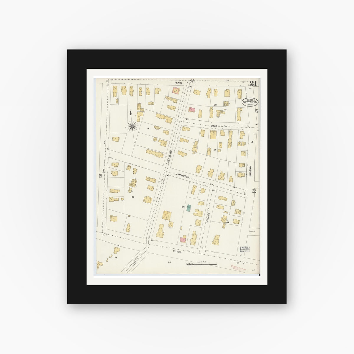Old map wall art mockup — black gallery frame with white mat — Sanborn Fire Insurance Map from Westfield, Hampden County, Massachusetts (1905), Sheet #0021