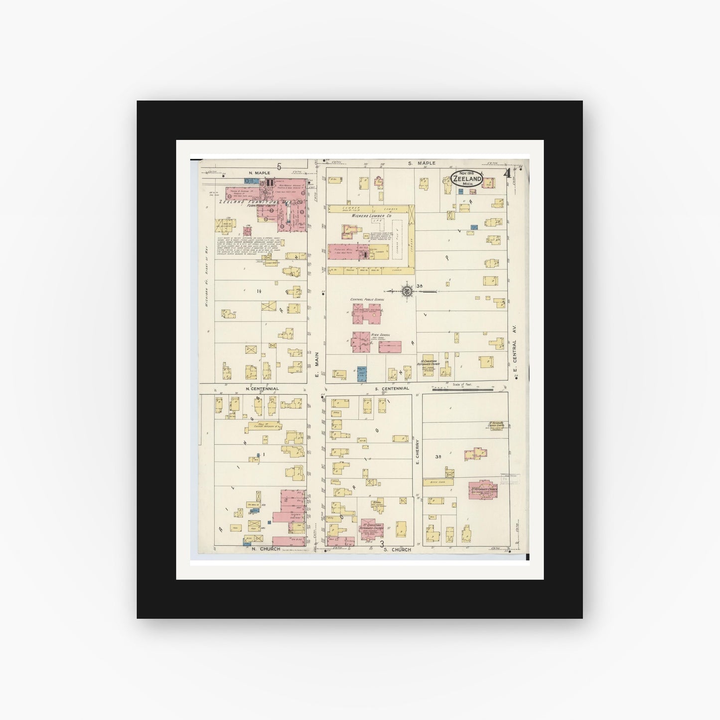 Old map wall art mockup — black gallery frame with white mat — Sanborn Fire Insurance Map from Zeeland, Ottawa County, Michigan (1916), Sheet #0004