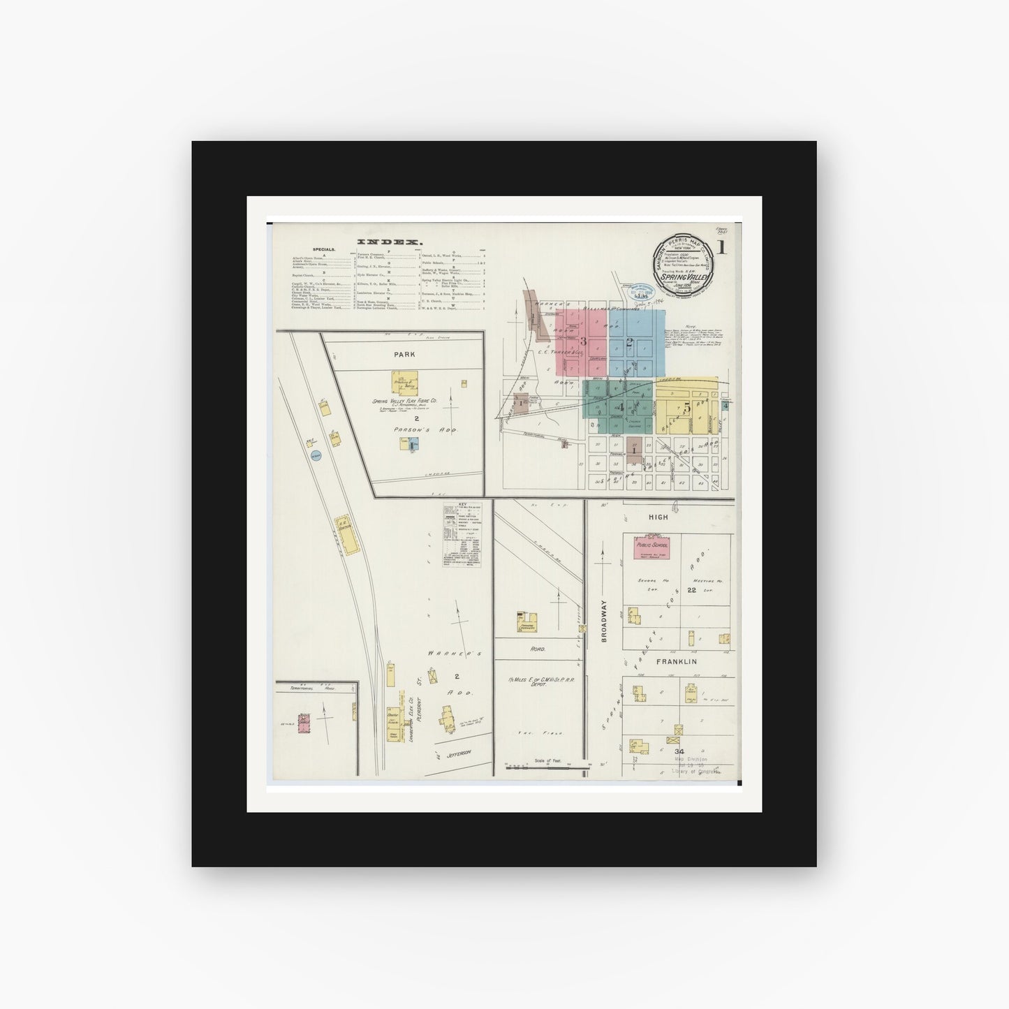 Old map wall art mockup — black gallery frame with white mat — Sanborn Fire Insurance Map from Spring Valley, Fillmore County, Minnesota (1894) - Complete Map Set
