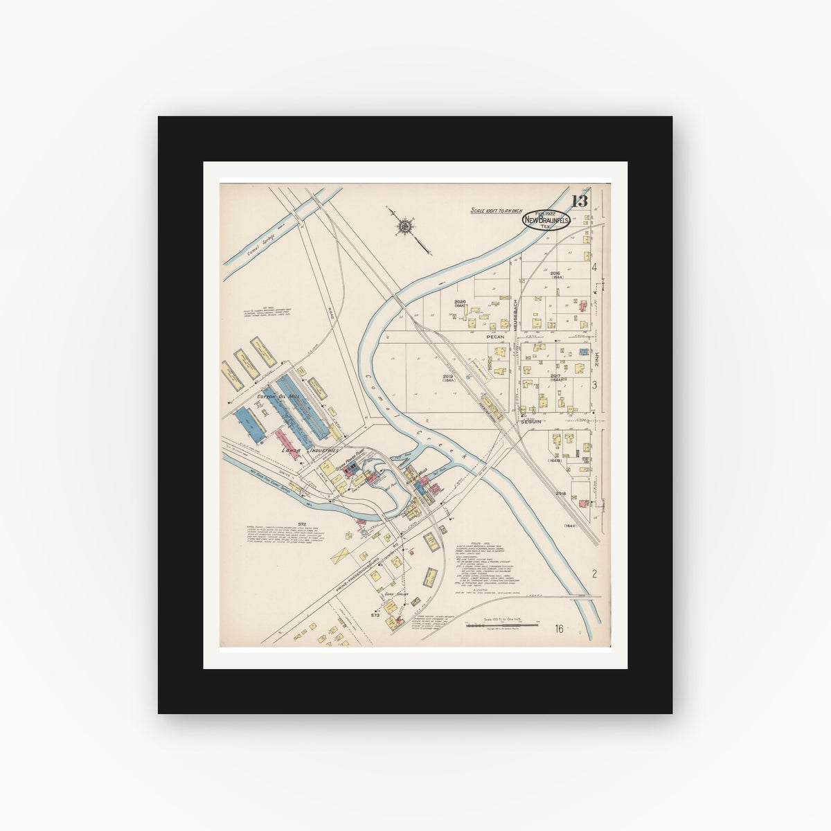 Old map wall art mockup — black gallery frame with white mat — Sanborn Fire Insurance Map from New Braunfels, Comal County, Texas (1922), Sheet #0013